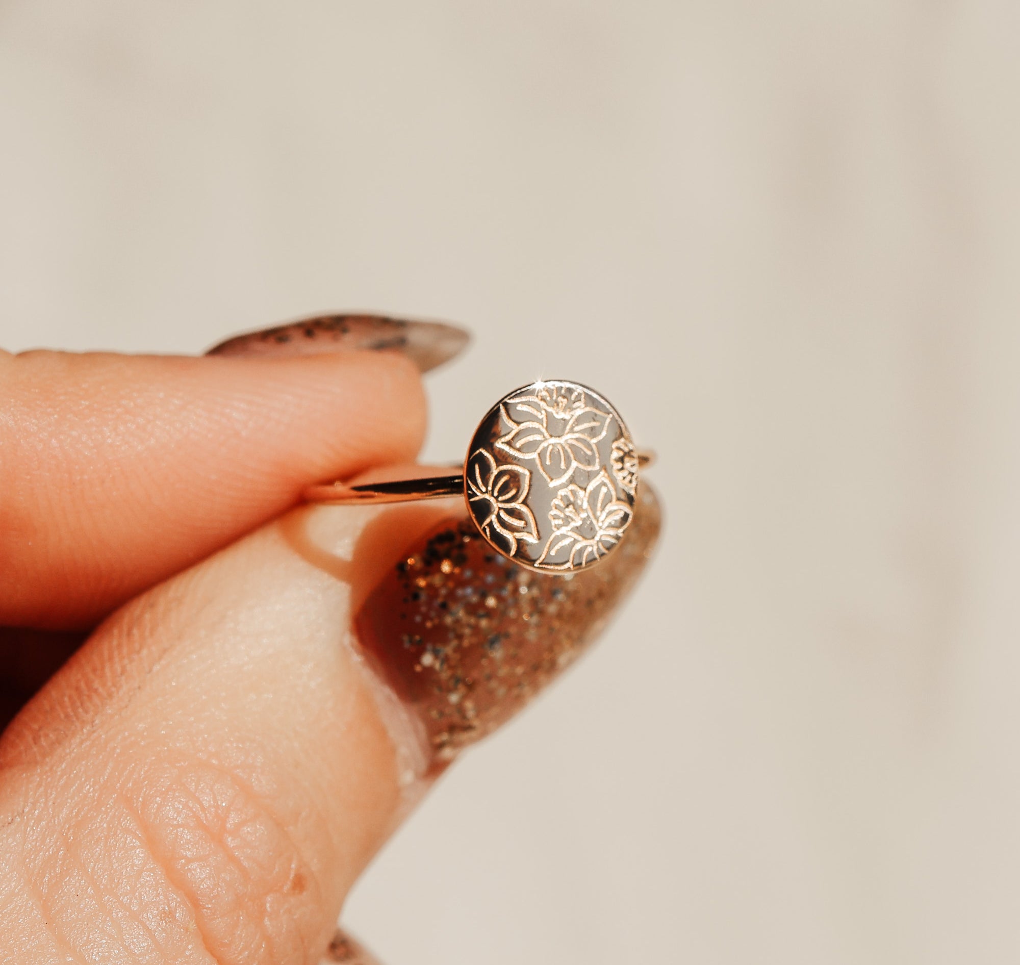 Personalised jewellery - KBN Jewellery - handmade jewellery – Personalised Jewellery gifts – Dainty jewellery- Dainty ring – flower stamped ring – family flowers – kids birth flowers – birth flower ring – personalised flower stamped ring – dainty ring – pendant ring – personalised ring