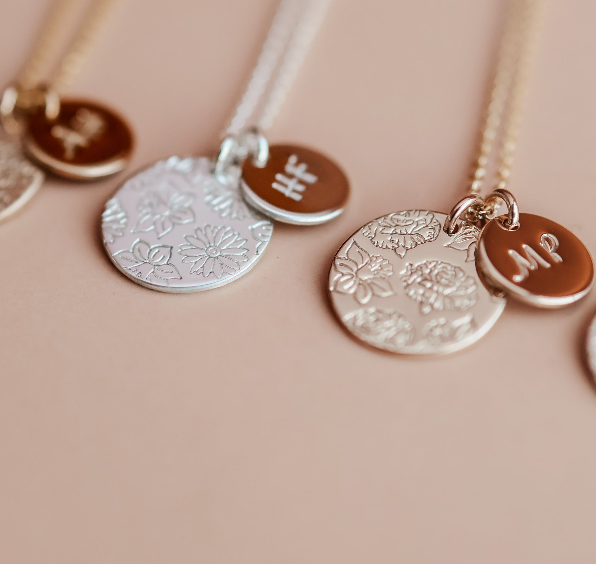 Personalised jewellery - KBN Jewellery - handmade jewellery – Personalised Jewellery gifts – Dainty jewellery- Dainty necklace – flower stamped necklace – family flowers – kids birth flowers – birth flower necklace – personalised flower stamped necklace – initial necklace