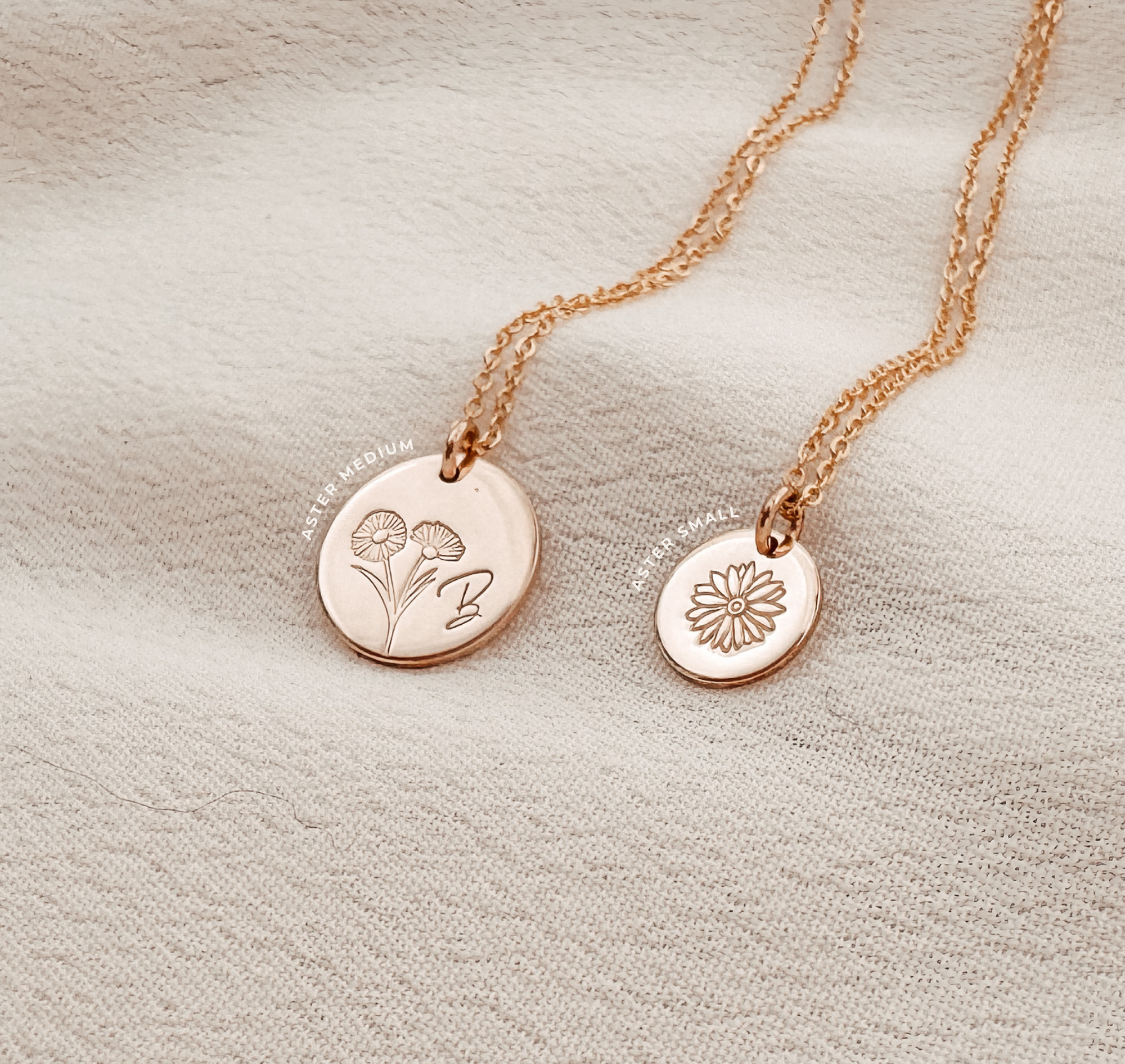 Personalised jewellery - KBN Jewellery - handmade jewellery – custom jewellery gifts – dainty necklace – medium pendant necklace – September Birth flower necklace – birthday necklace – September birthday gift – dainty jewellery – birth flower and initial necklace – everyday jewellery – Aster flower necklace