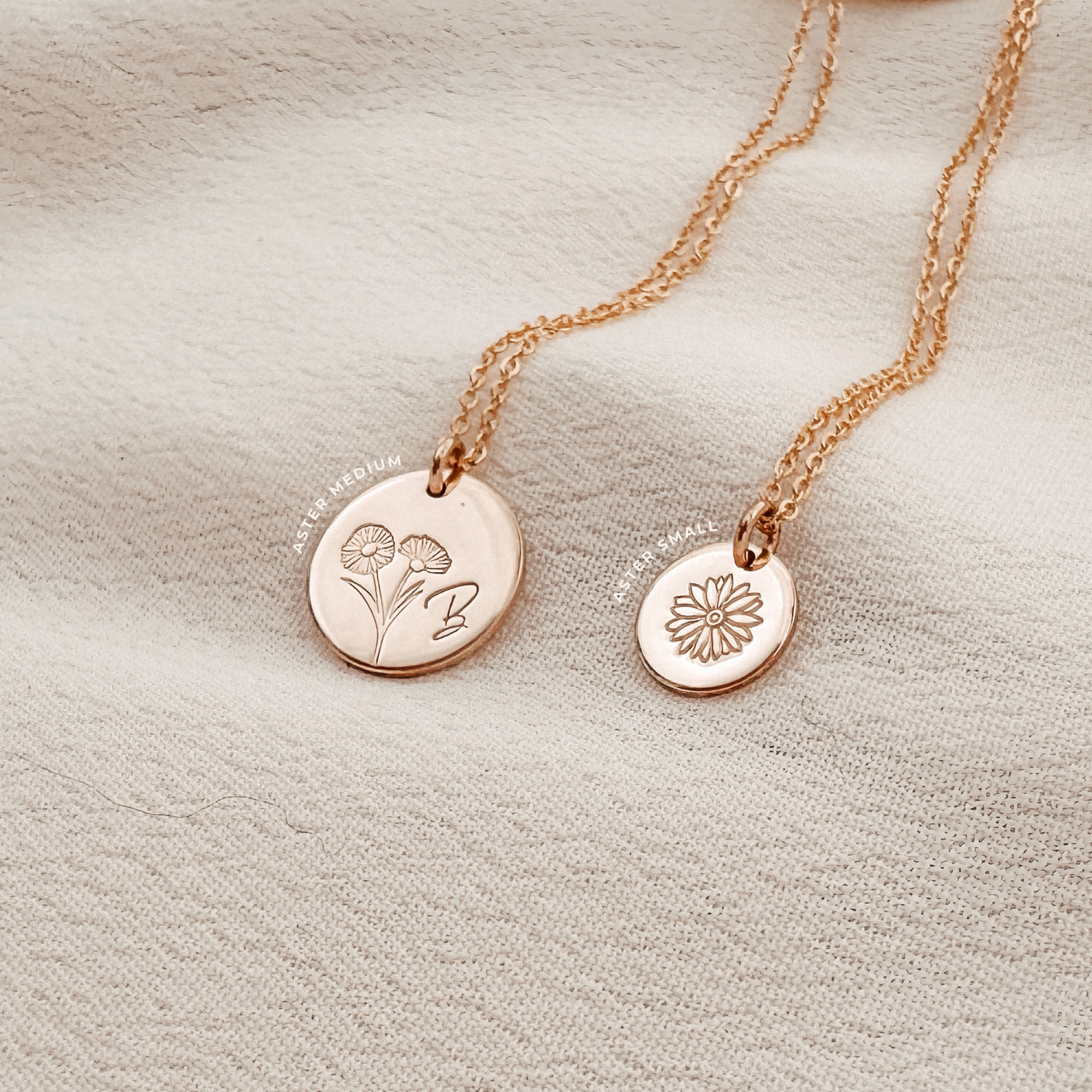 Personalised jewellery - KBN Jewellery - handmade jewellery – custom jewellery gifts – dainty necklace – medium pendant necklace – September Birth flower necklace – birthday necklace – September birthday gift – dainty jewellery – birth flower and initial necklace – everyday jewellery – Aster flower necklace