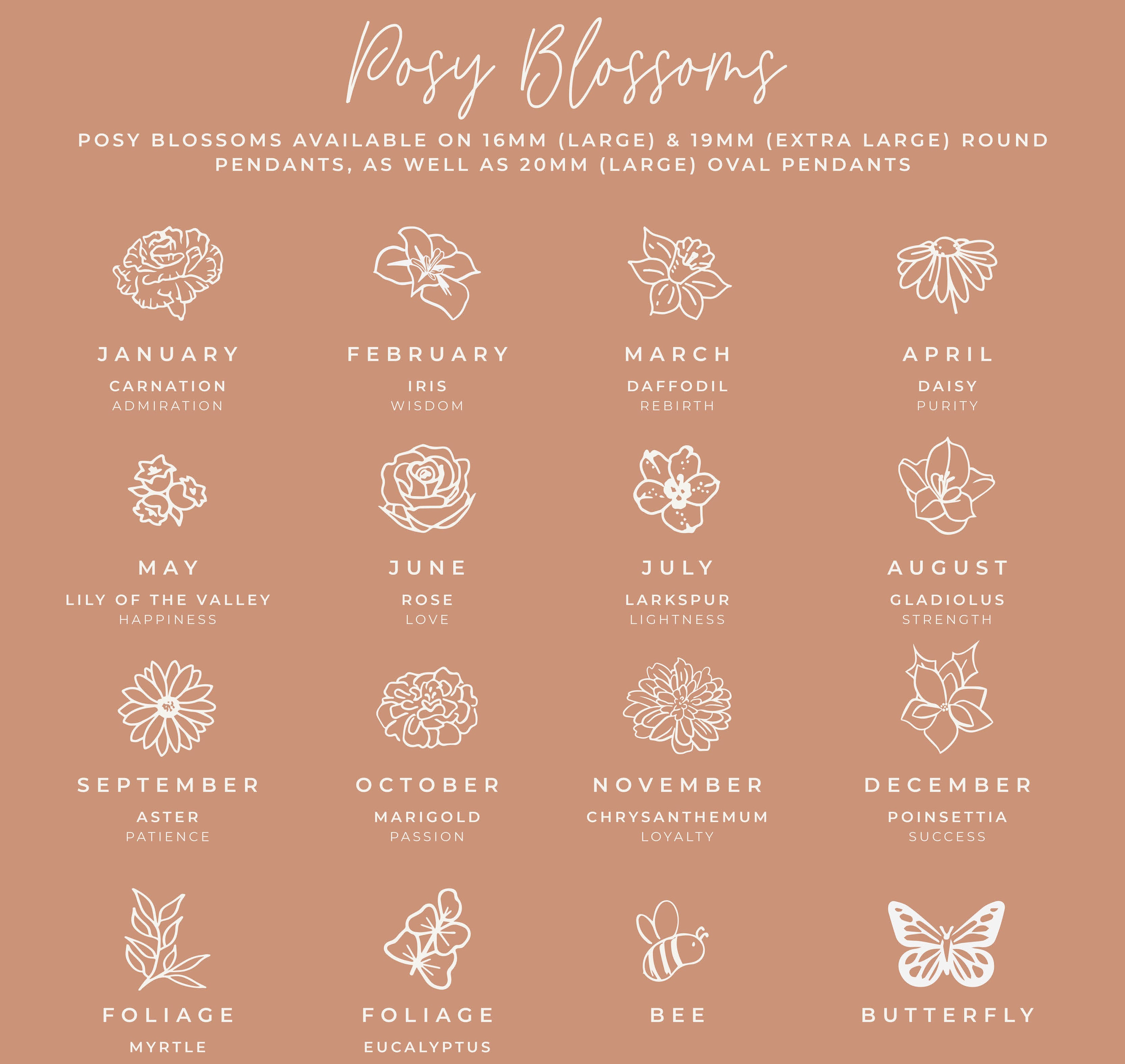 Personalised jewellery - KBN Jewellery - handmade jewellery – small symbols – birth flower necklace – January birth flower – February birth flower – March birth flower – April birth flower – May birth flower – June birth flower – July birth flower – August birth flower – September birth flower – October birth flower – November birth flower – December birth flower