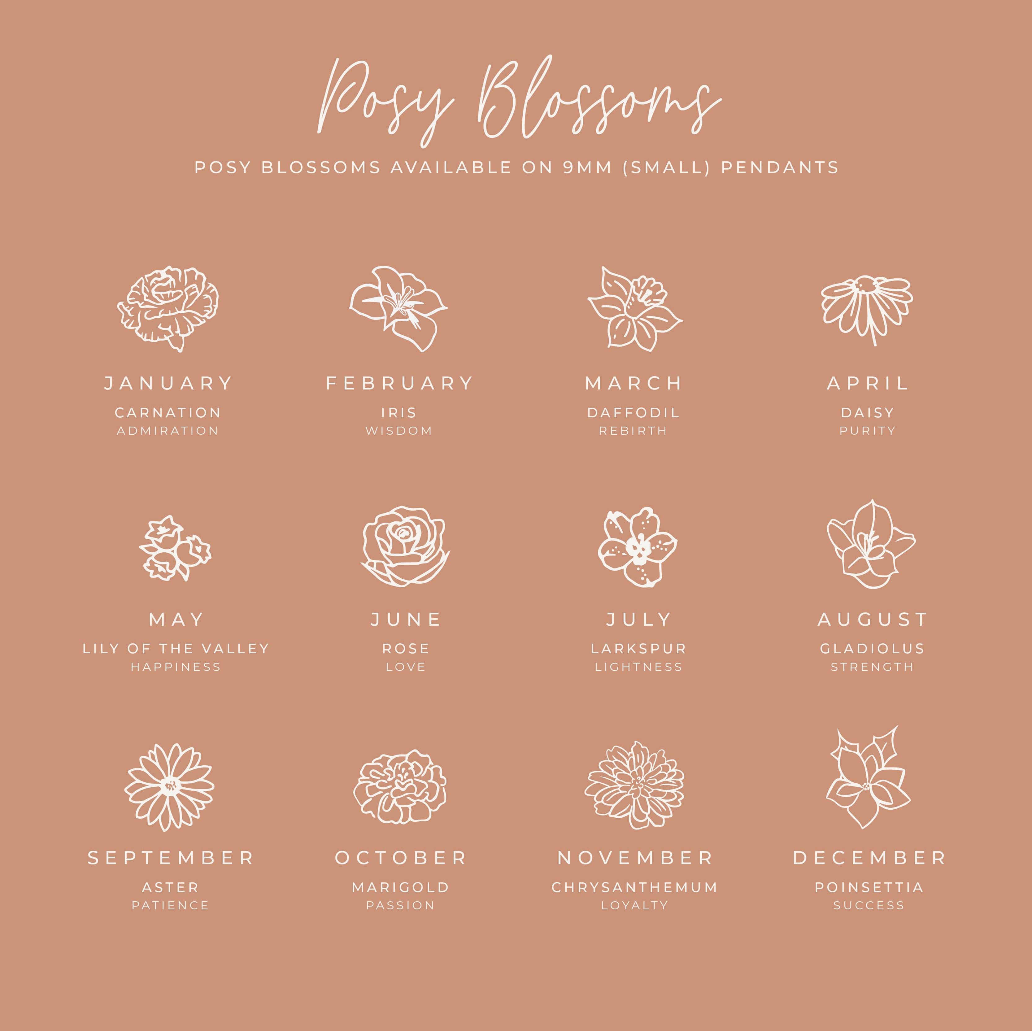 Personalised jewellery - KBN Jewellery - handmade jewellery – small symbols – birth flower necklace – January birth flower – February birth flower – March birth flower – April birth flower – May birth flower – June birth flower – July birth flower – August birth flower – September birth flower – October birth flower – November birth flower – December birth flower