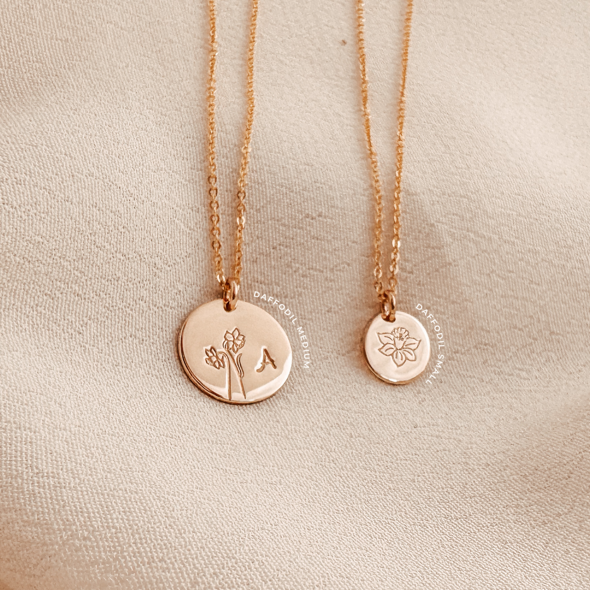 Personalised jewellery - KBN Jewellery - handmade jewellery – custom jewellery gifts – dainty necklace – medium pendant necklace – Daffodil Birth flower necklace – birthday necklace – March  birthday gift – dainty jewellery – birth flower and initial necklace – everyday jewellery – Daffodil flower necklace – Daffodil necklace – Rebirth flower necklace