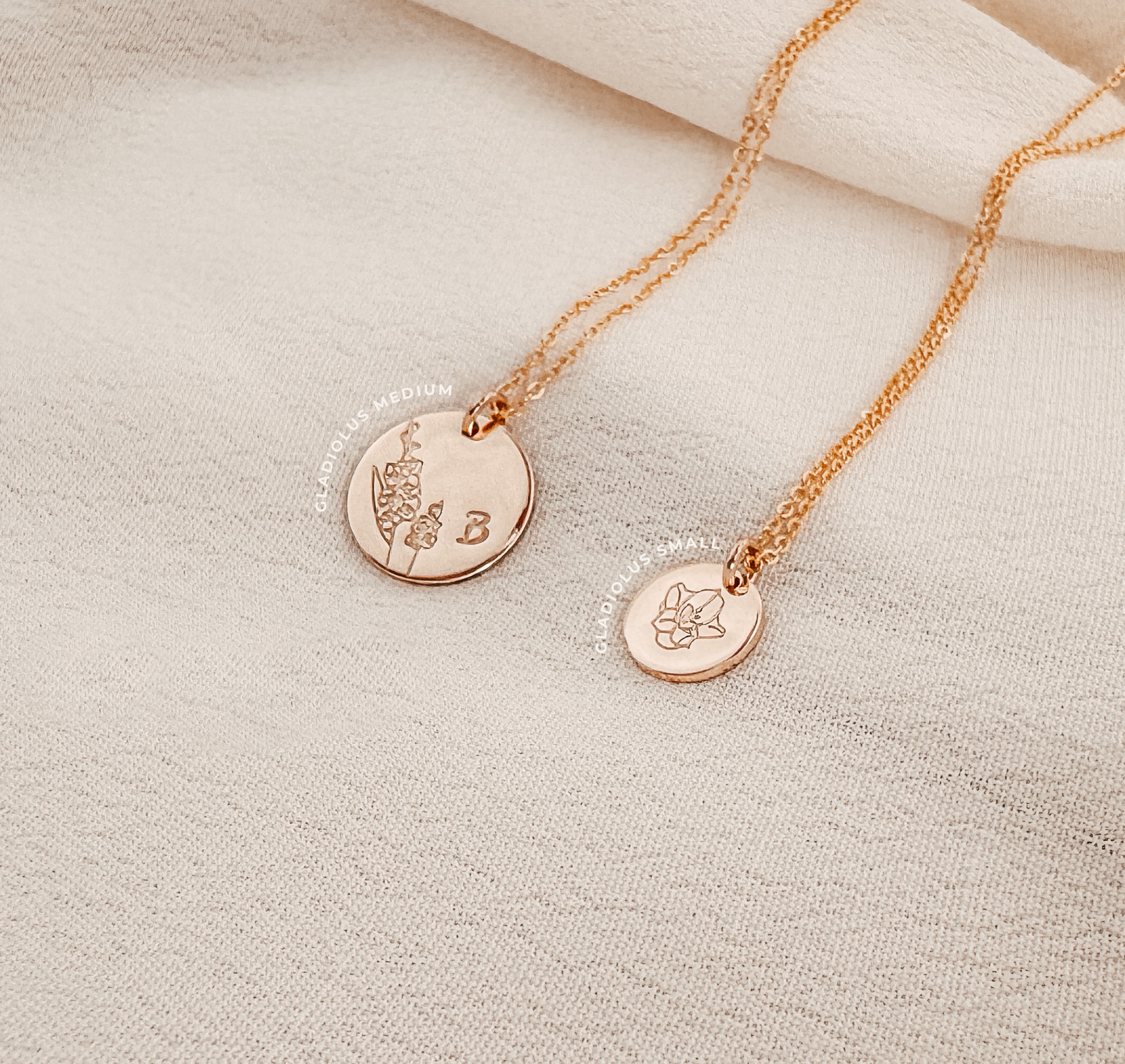 Personalised jewellery - KBN Jewellery - handmade jewellery – custom jewellery gifts – dainty necklace – medium pendant necklace – August Birth flower necklace – birthday necklace – August birthday gift – dainty jewellery – birth flower and initial necklace – everyday jewellery – Gladiolus flower necklace – Gladiolus necklace – strength flower necklace