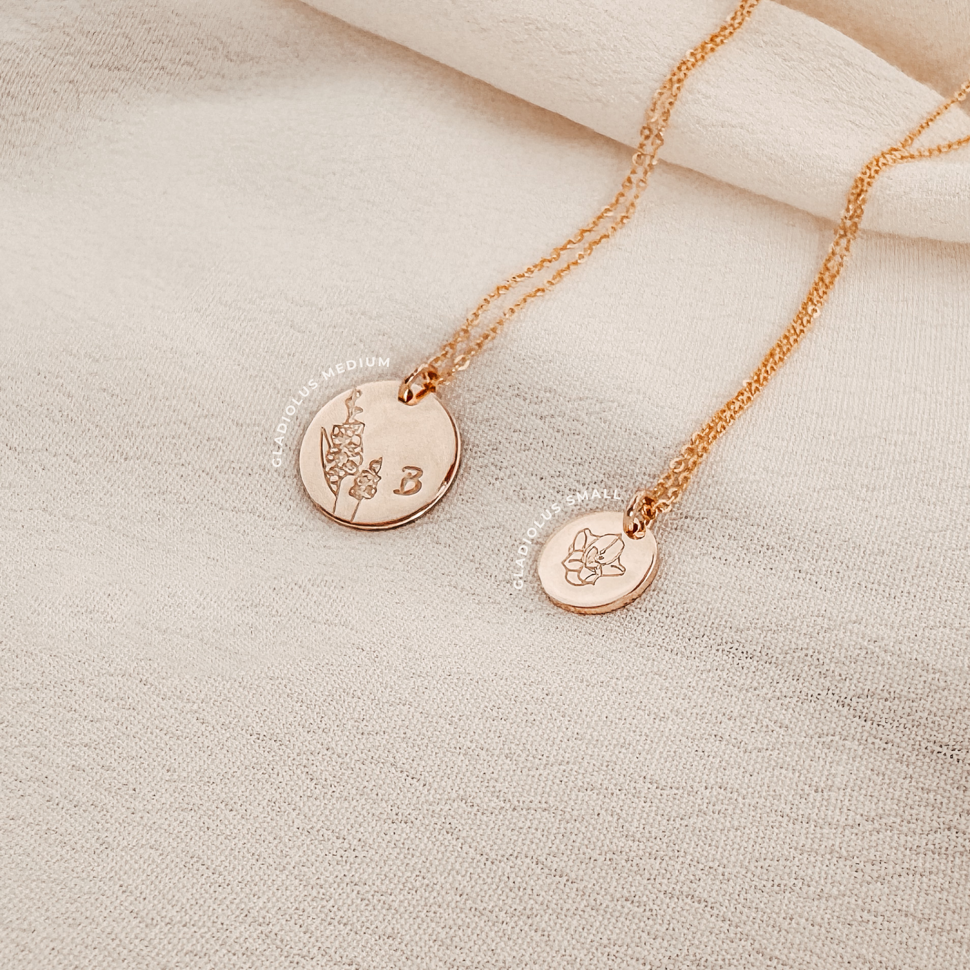 Personalised jewellery - KBN Jewellery - handmade jewellery – custom jewellery gifts – dainty necklace – medium pendant necklace – August Birth flower necklace – birthday necklace – August  birthday gift – dainty jewellery – birth flower and initial necklace – everyday jewellery – Gladiolus flower necklace – Gladiolus necklace – strength flower necklace