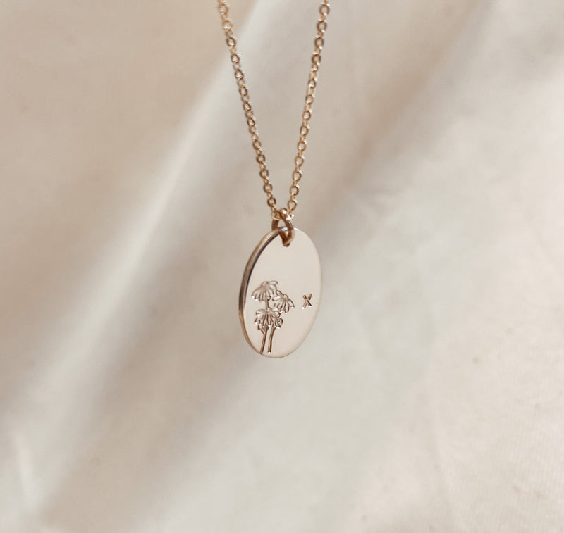 Personalised jewellery – handmade jewellery – KBN jewellery – Australian made jewellery – initial necklace – birth flower necklace – single pendant necklace with flower – birth flower necklace custom – custom birth month necklace – birth flower necklace with initial – oval pendant necklace – flower stamped necklace