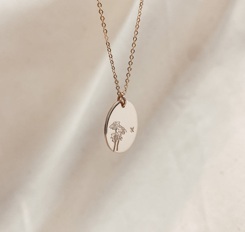 Personalised jewellery – handmade jewellery – KBN jewellery – Australian made jewellery – initial necklace – birth flower necklace – single pendant necklace with flower – birth flower necklace custom – custom birth month necklace – birth flower necklace with initial – oval pendant necklace – flower stamped necklace