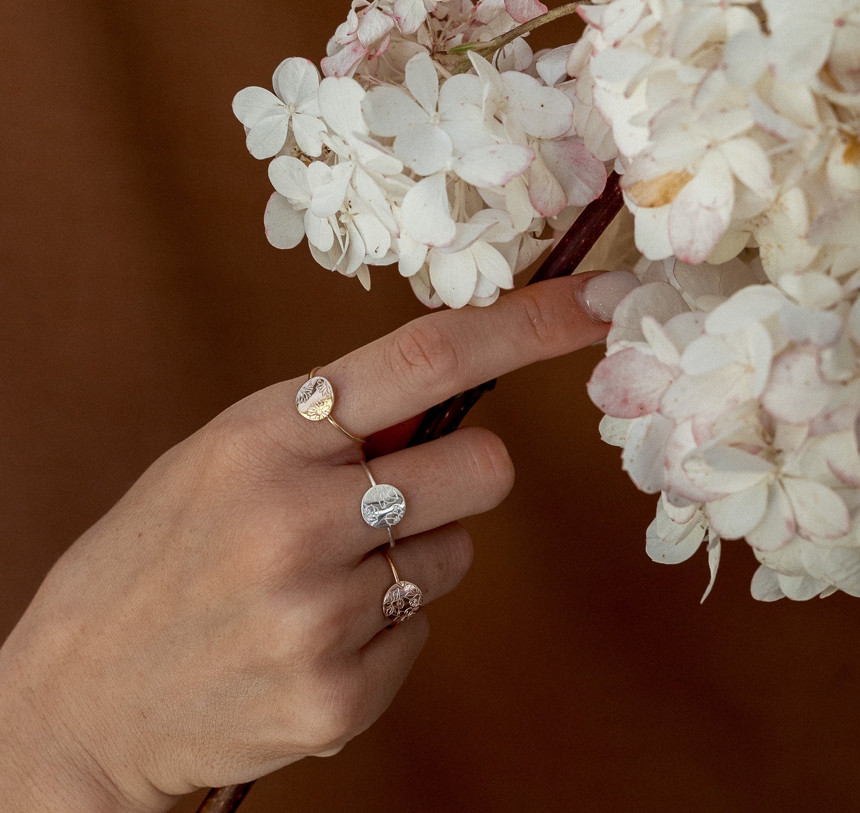 Personalised jewellery - KBN Jewellery - handmade jewellery – Personalised Jewellery gifts – Dainty jewellery- Dainty ring – flower stamped ring – family flowers – kids birth flowers – birth flower ring – personalised flower stamped ring – dainty ring – pendant ring – personalised ring