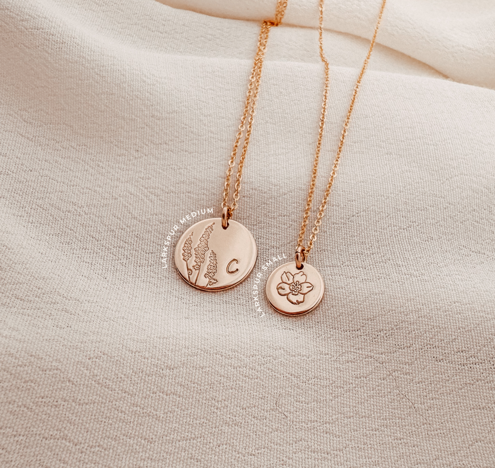Personalised jewellery - KBN Jewellery - handmade jewellery – custom jewellery gifts – dainty necklace – medium pendant necklace – Larkspur Birth flower necklace – birthday necklace – July birthday gift – dainty jewellery – birth flower and initial necklace – everyday jewellery – Larkspur flower necklace – July necklace – lightness flower necklace