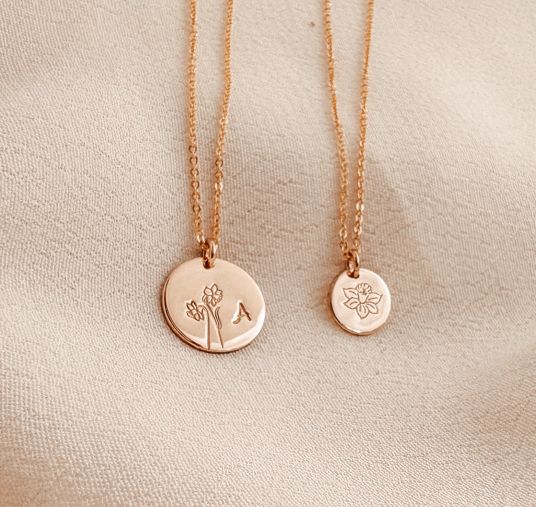 Personalised jewellery - KBN Jewellery - handmade jewellery – custom jewellery gifts – dainty necklace – medium pendant necklace – Daffodil Birth flower necklace – birthday necklace – March birthday gift – dainty jewellery – birth flower and initial necklace – everyday jewellery – Daffodil flower necklace – Daffodil necklace – Rebirth flower necklace