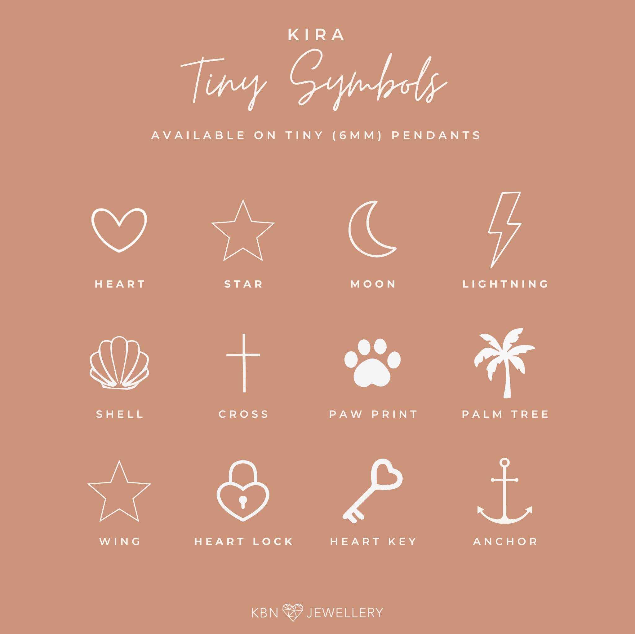 Personalised jewellery - KBN Jewellery -  handmade jewellery – tiny symbols – flower necklace – wing necklace – heart necklace – sun necklace – rainbow necklace – star necklace – paw print necklace – dog necklace – butterfly necklace – wave necklace – shell necklace