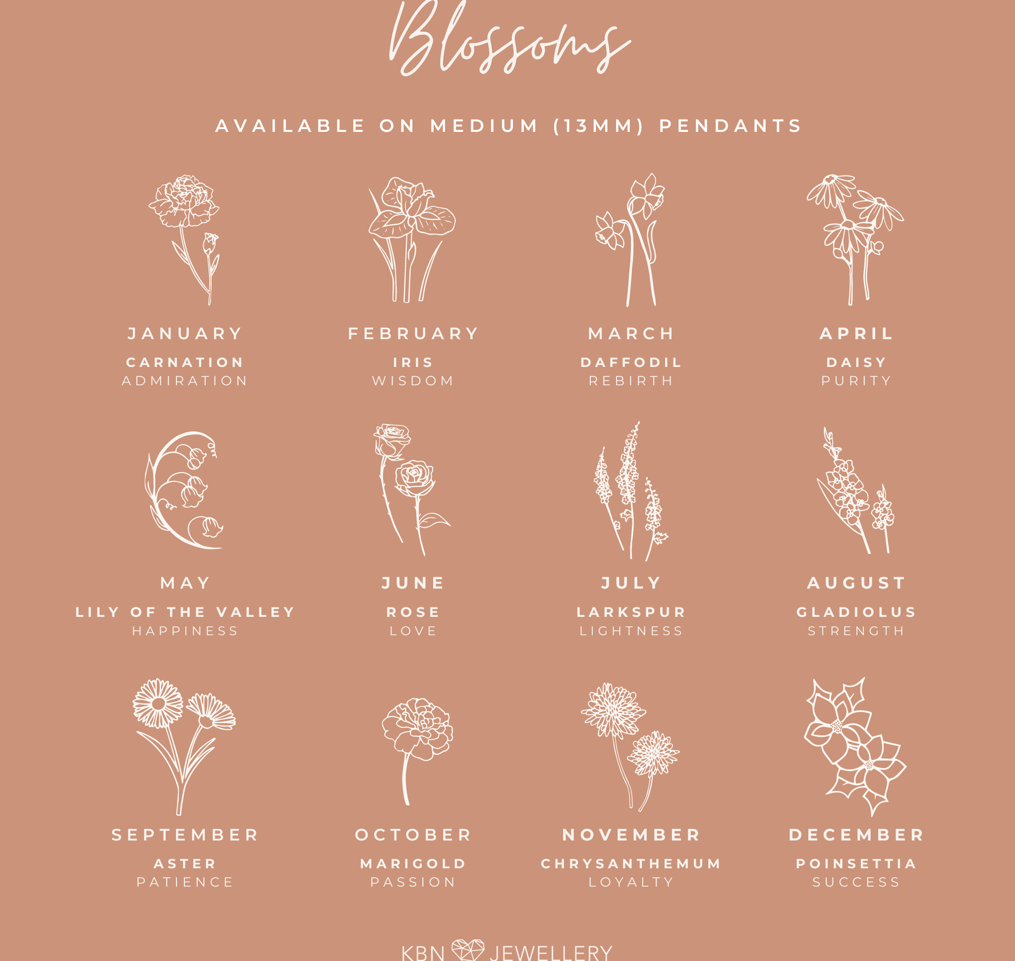 Personalised jewellery - KBN Jewellery - handmade jewellery – small symbols – birth flower necklace – January birth flower – February birth flower – March birth flower – April birth flower – May birth flower – June birth flower – July birth flower – August birth flower – September birth flower – October birth flower – November birth flower – December birth flower