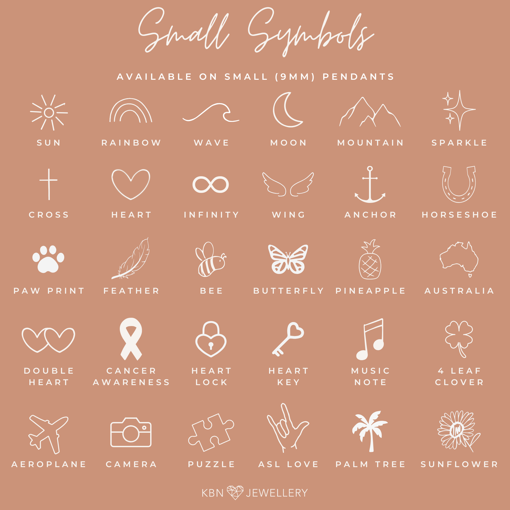 Personalised jewellery - KBN Jewellery - handmade jewellery – small symbols – flower necklace – wing necklace – heart necklace – sun necklace – rainbow necklace – star necklace – paw print necklace – dog necklace – butterfly necklace – wave necklace – shell necklace