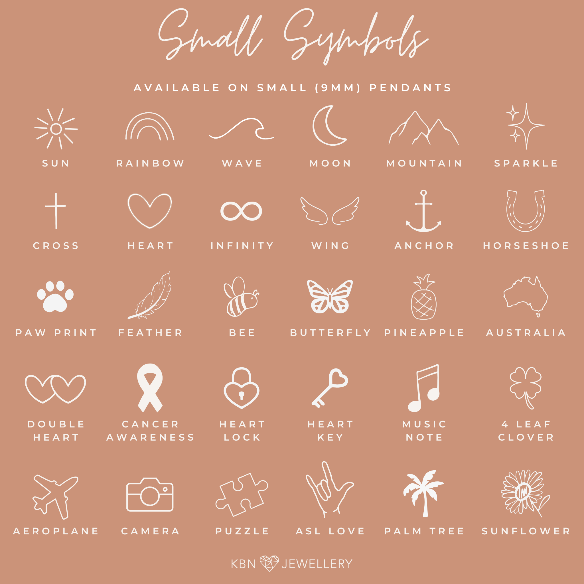 Personalised jewellery - KBN Jewellery - handmade jewellery – small symbols – flower necklace – wing necklace – heart necklace – sun necklace – rainbow necklace – star necklace – paw print necklace – dog necklace – butterfly necklace – wave necklace – shell necklace