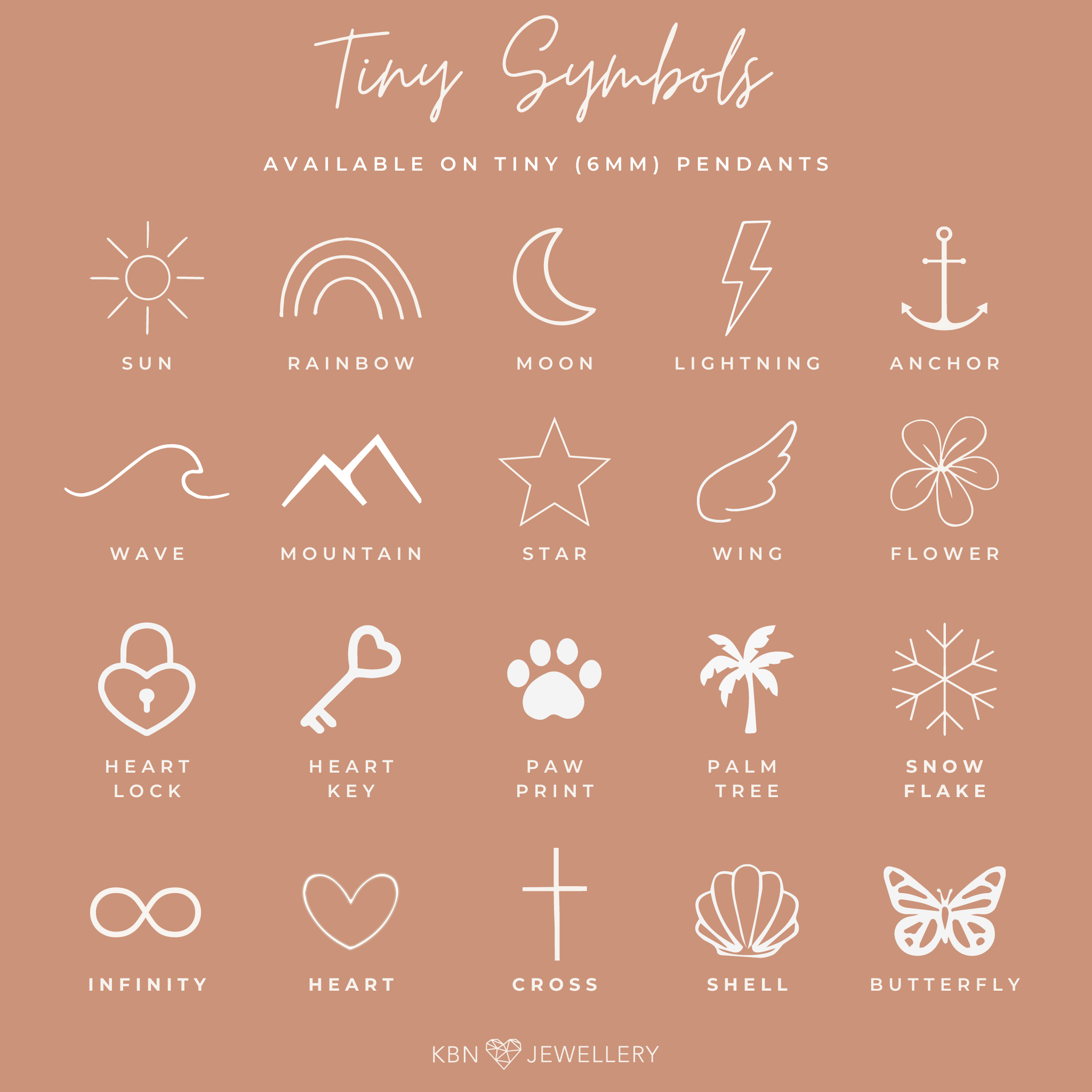 Personalised jewellery - KBN Jewellery - handmade jewellery – tiny symbols – flower necklace – wing necklace – heart necklace – sun necklace – rainbow necklace – star necklace – paw print necklace – dog necklace – butterfly necklace – wave necklace – shell necklace