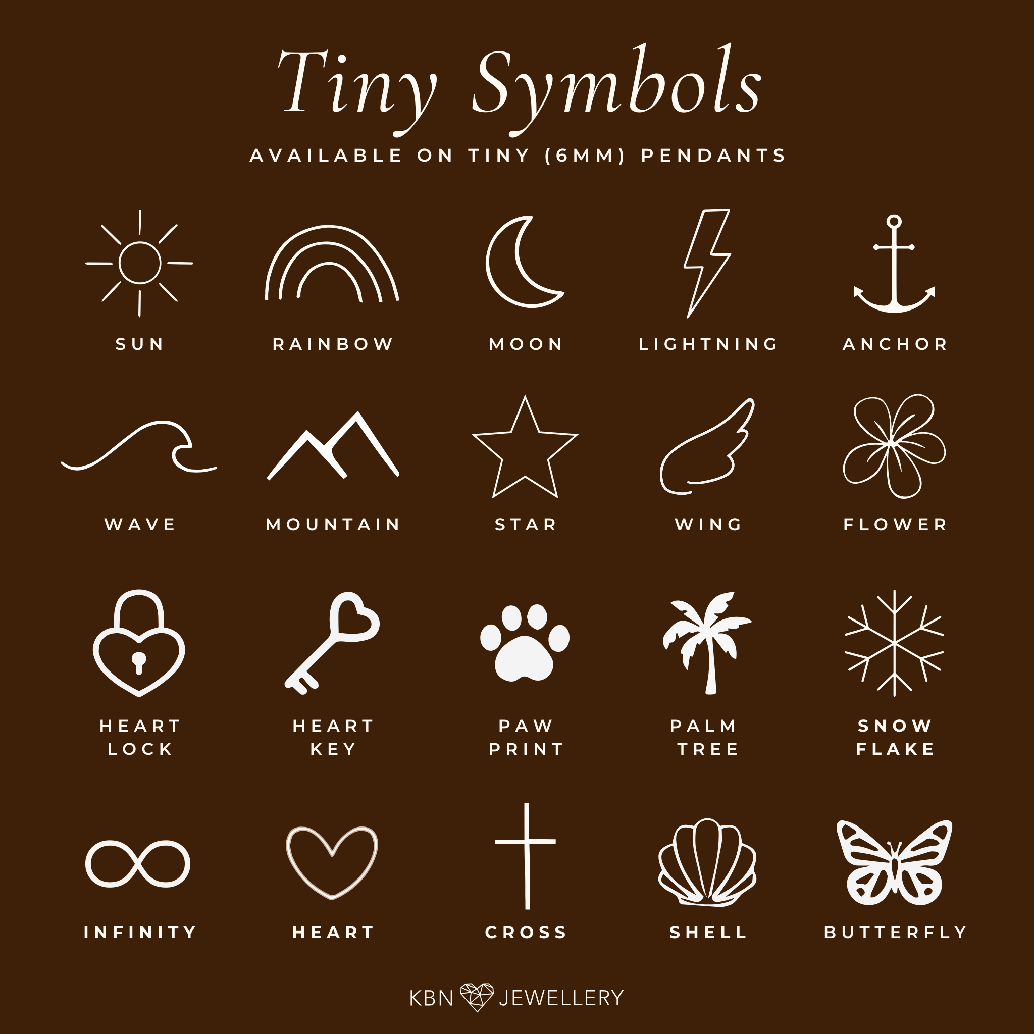 Personalised jewellery - KBN Jewellery - handmade jewellery – tiny symbols – flower necklace – wing necklace – heart necklace – sun necklace – rainbow necklace – star necklace – paw print necklace – dog necklace – butterfly necklace – wave necklace – shell necklace