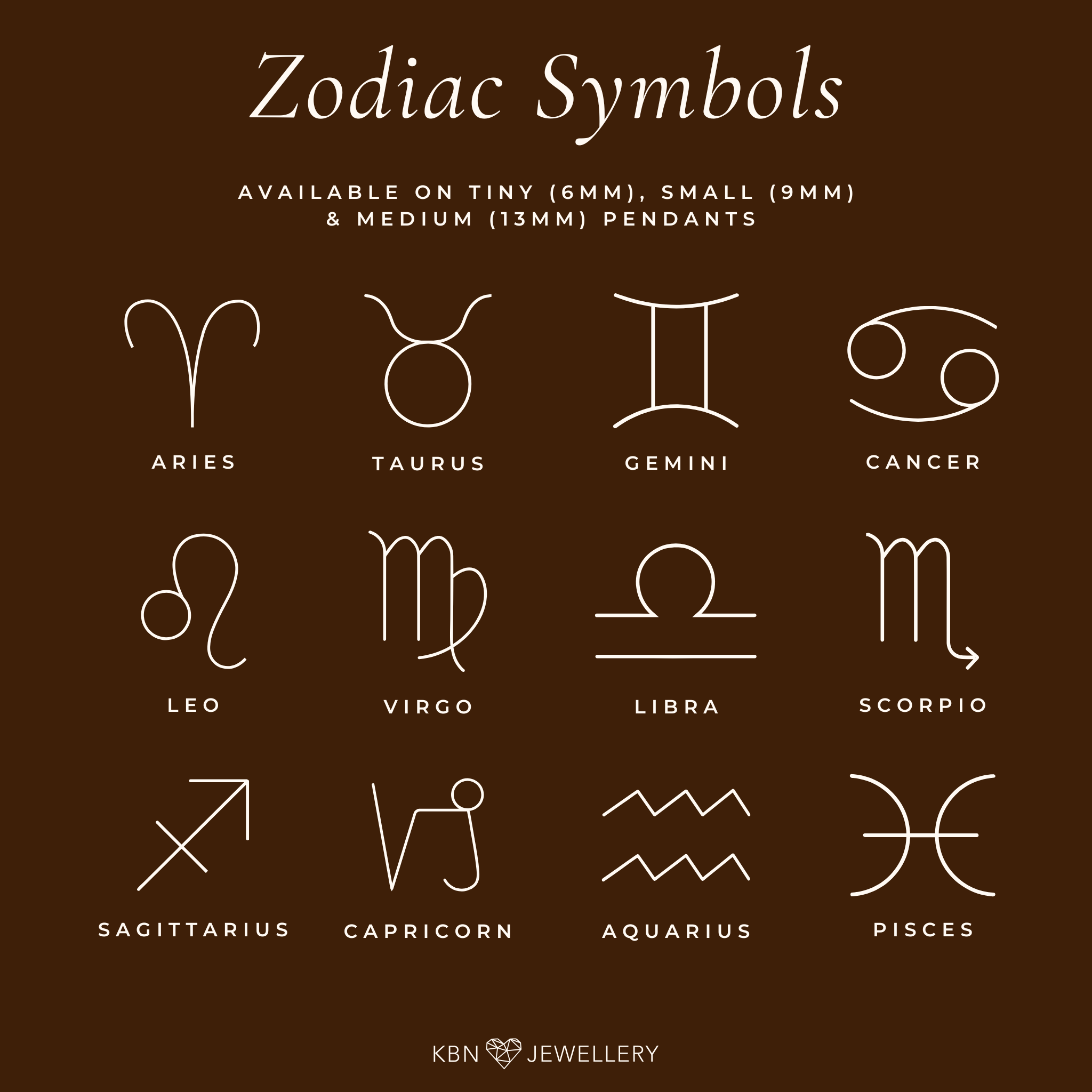 KBN Jewellery zodiac constellation pendant options chart