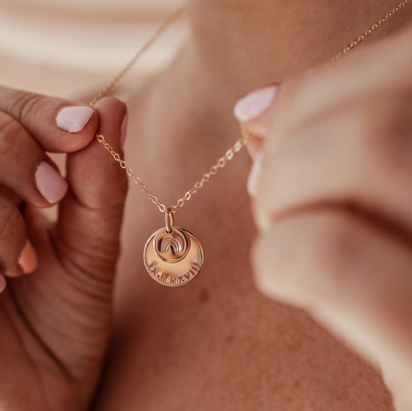 Personalised jewellery - KBN Jewellery - handmade jewellery – stacked pendant necklace – textured pendant – children’s name necklace – necklace for mum – birth flower symbol necklace – everyday necklace – perfect gift