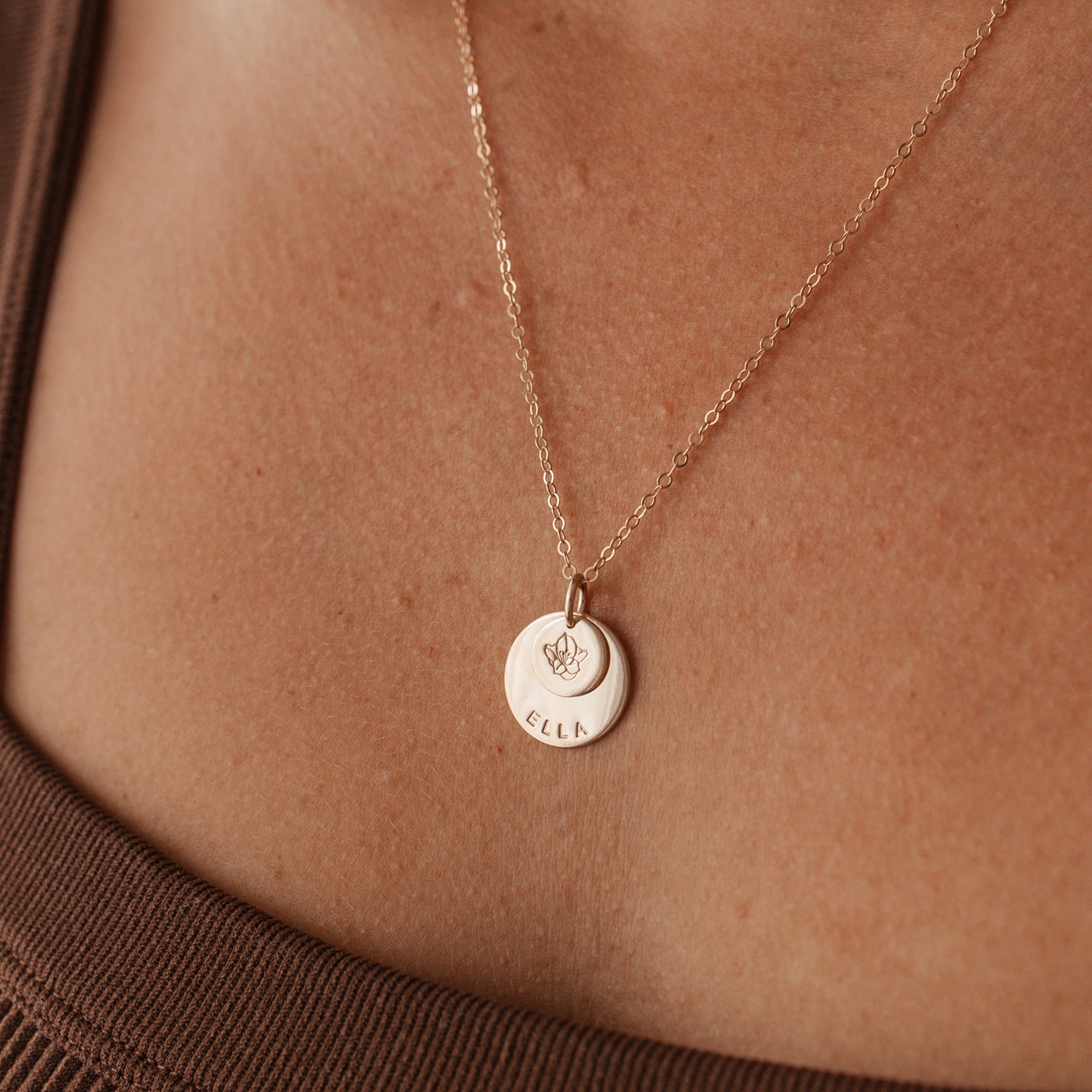 Personalised jewellery - KBN Jewellery - handmade jewellery – stacked pendant necklace – textured pendant – children’s name necklace – necklace for mum – birth flower symbol necklace – everyday necklace – perfect gift