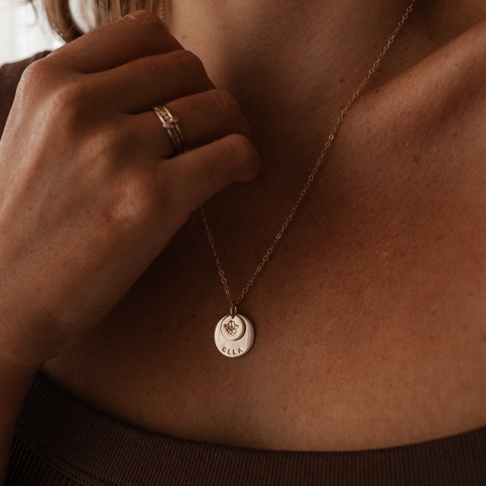 Personalised jewellery - KBN Jewellery - handmade jewellery – stacked pendant necklace – textured pendant – children’s name necklace – necklace for mum – birth flower symbol necklace – everyday necklace – perfect gift