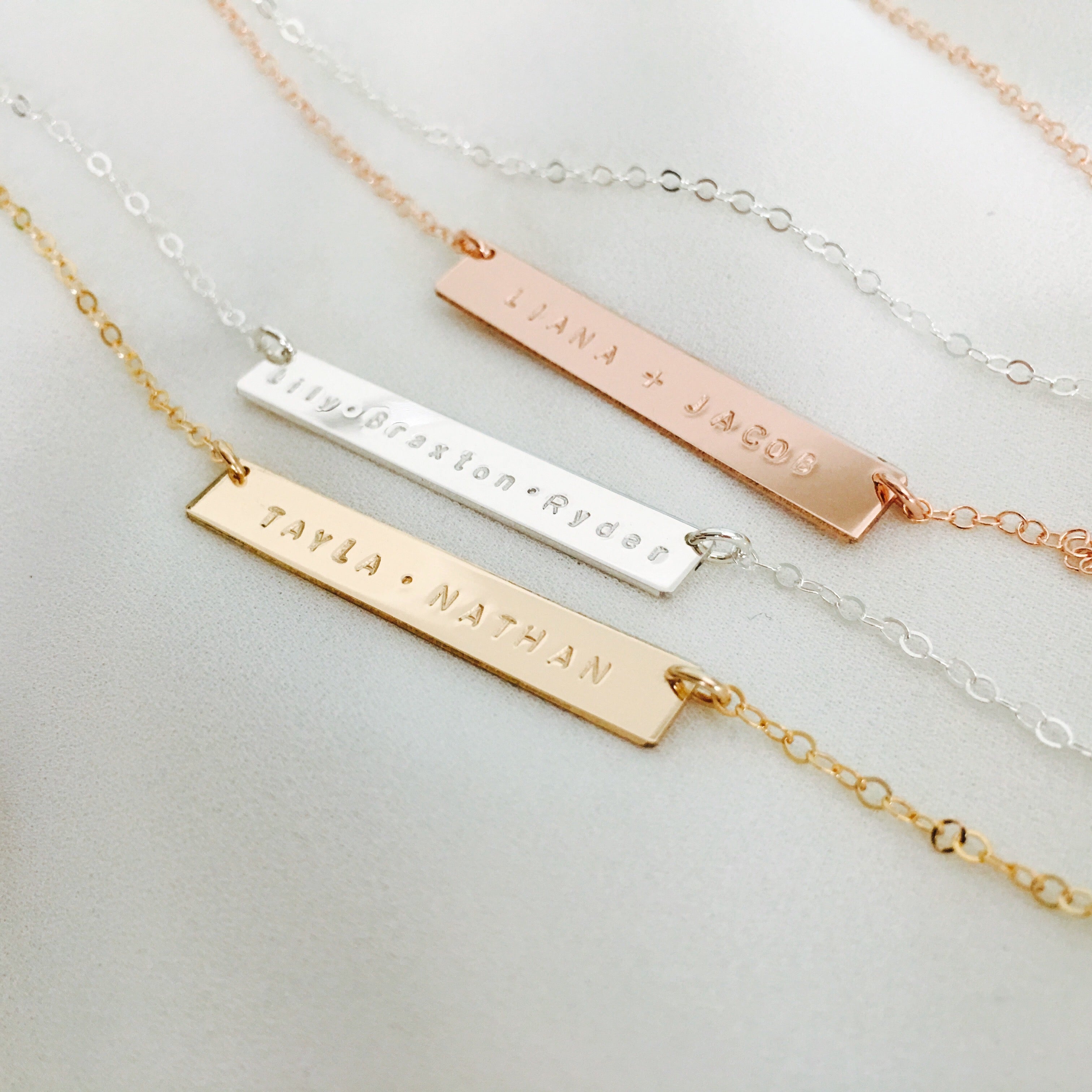 Personalised jewellery - KBN Jewellery - handmade jewellery – Personalised Jewellery gifts – Dainty jewellery- bar necklace – dainty bar necklace – personalised date necklace – roman numerals necklace – name bar necklace – words of affirmation necklace – long bar necklace – layering necklace – layering necklace inspiration – wedding gift idea – wedding gift idea for bride