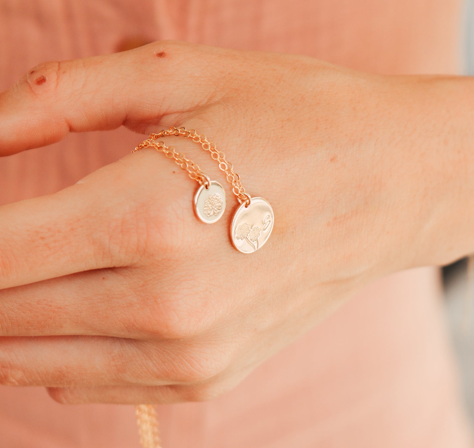Personalised jewellery - KBN Jewellery - handmade jewellery – Personalised Jewellery gifts – Dainty jewellery - Dainty bracelet – flower stamped bracelet – family flowers – kids birth flowers – birth flower bracelet – personalised flower stamped necklace - floral stamped necklace – meaningful jewellery gift – October birth flower necklace – October birth flower necklace with intial – October gift ideas