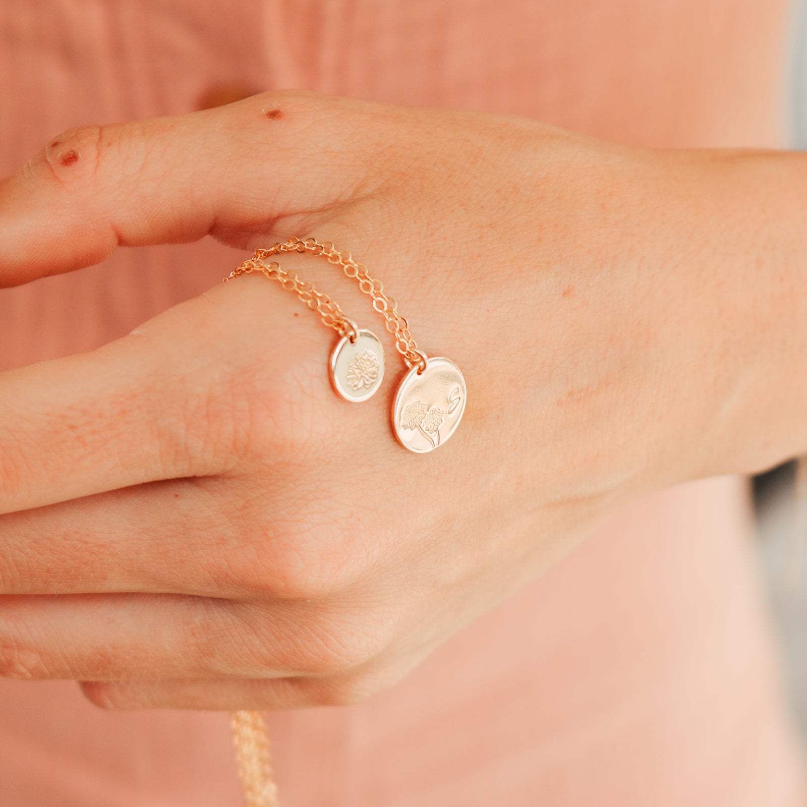 Personalised jewellery - KBN Jewellery - handmade jewellery – Personalised Jewellery gifts – Dainty jewellery - Dainty bracelet – flower stamped bracelet – family flowers – kids birth flowers – birth flower bracelet – personalised flower stamped necklace - floral stamped necklace – meaningful jewellery gift – October birth flower necklace – October birth flower necklace with intial – October gift ideas