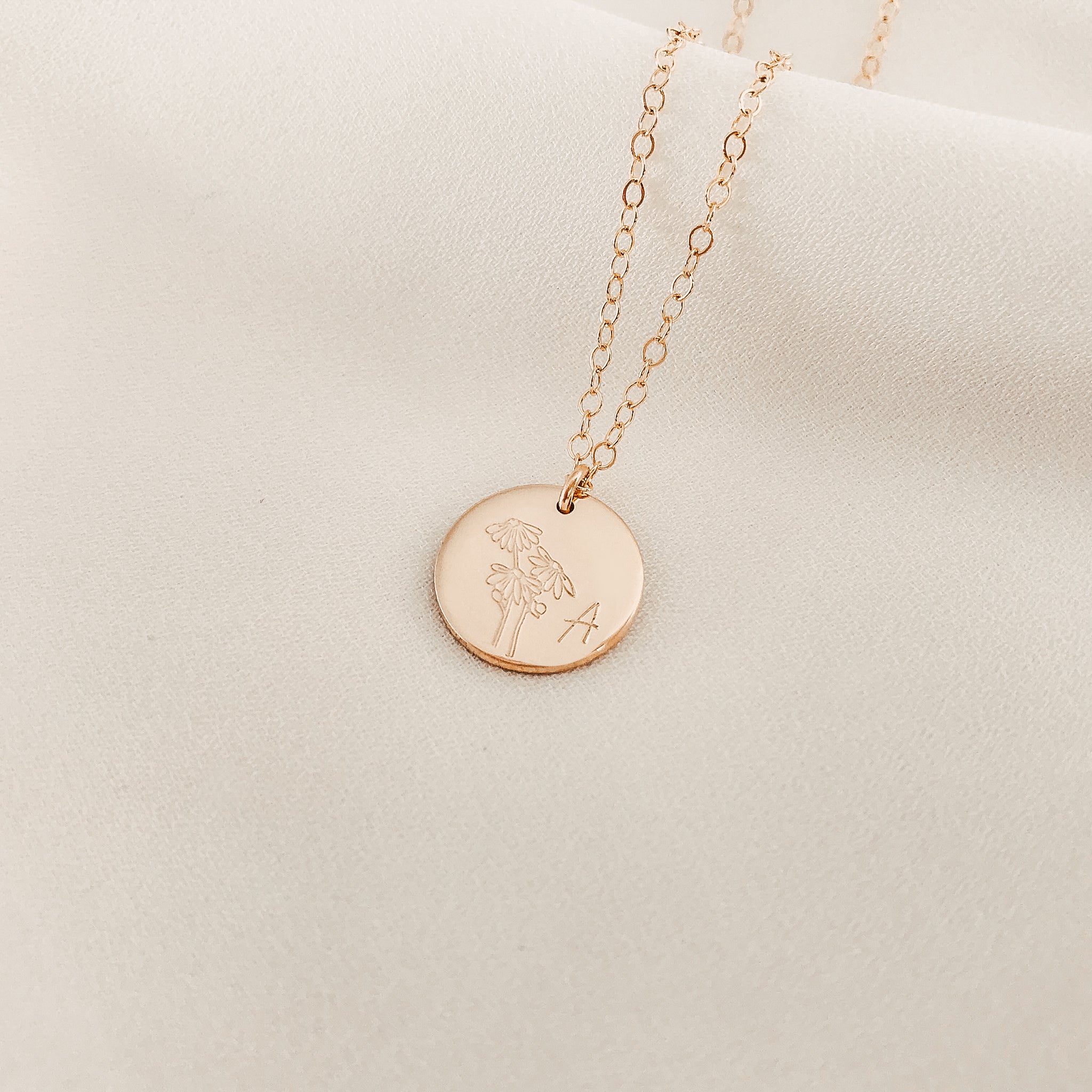 Personalised jewellery - KBN Jewellery - handmade jewellery – custom jewellery gifts – dainty necklace – medium pendant necklace – Daisy Birth flower necklace – birthday necklace – April  birthday gift – dainty jewellery – birth flower and initial necklace – everyday jewellery – Daisy flower necklace – Daisy necklace – Purity flower necklace