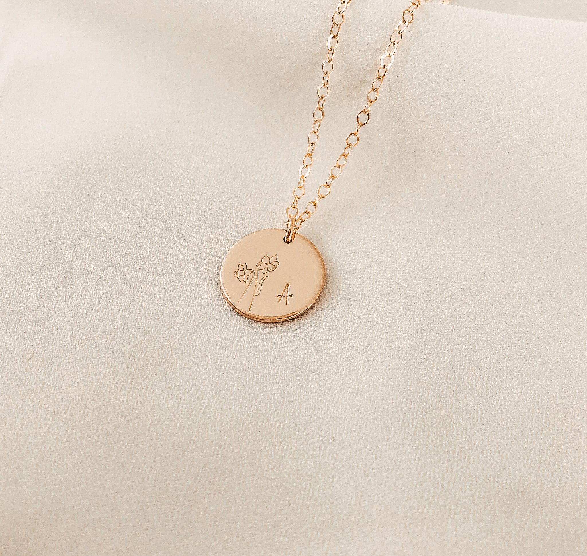 Personalised jewellery - KBN Jewellery - handmade jewellery – custom jewellery gifts – dainty necklace – medium pendant necklace – Daffodil Birth flower necklace – birthday necklace – March birthday gift – dainty jewellery – birth flower and initial necklace – everyday jewellery – Daffodil flower necklace – Daffodil necklace – Rebirth flower necklace