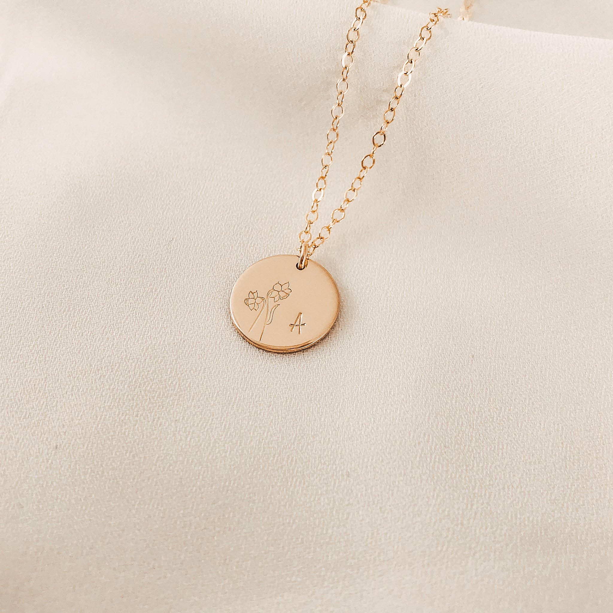 Personalised jewellery - KBN Jewellery - handmade jewellery – custom jewellery gifts – dainty necklace – medium pendant necklace – Daffodil Birth flower necklace – birthday necklace – March  birthday gift – dainty jewellery – birth flower and initial necklace – everyday jewellery – Daffodil flower necklace – Daffodil necklace – Rebirth flower necklace