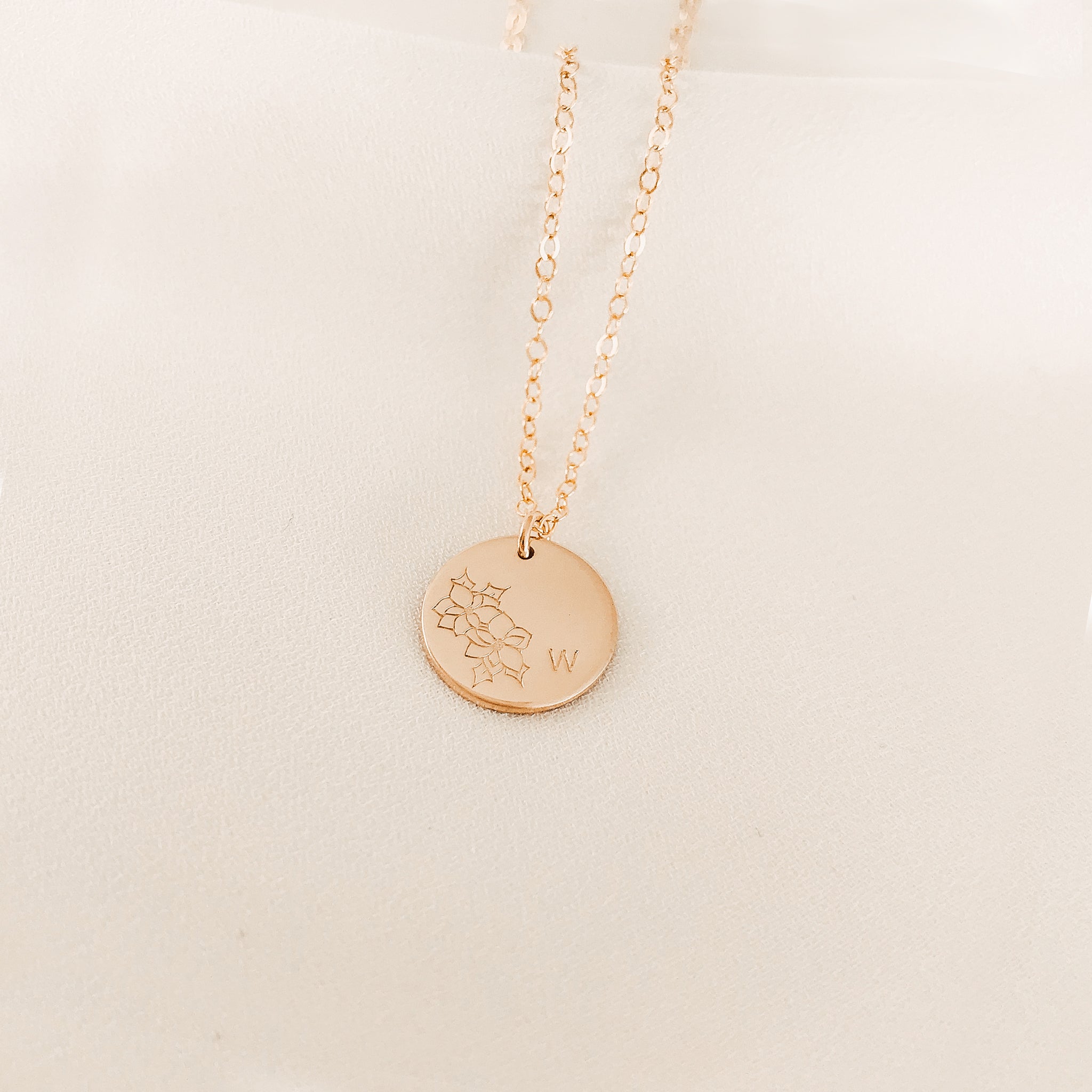 Personalised jewellery – handmade jewellery – KBN jewellery – Australian made jewellery – initial necklace – birth flower necklace – single pendant necklace with flower – birth flower necklace custom – custom birth month necklace – December flower necklace – success necklace