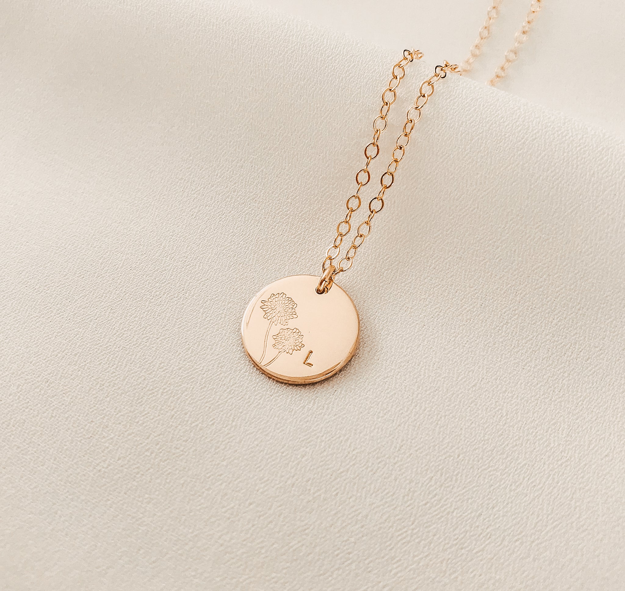Personalised jewellery - KBN Jewellery - handmade jewellery – custom jewellery gifts – dainty necklace – medium pendant necklace – November Birth flower necklace – birthday necklace – Chrysanthemum birthday gift – dainty jewellery – birth flower and initial necklace – everyday jewellery – Chrysanthemum flower necklace – November necklace – Loyalty flower necklace