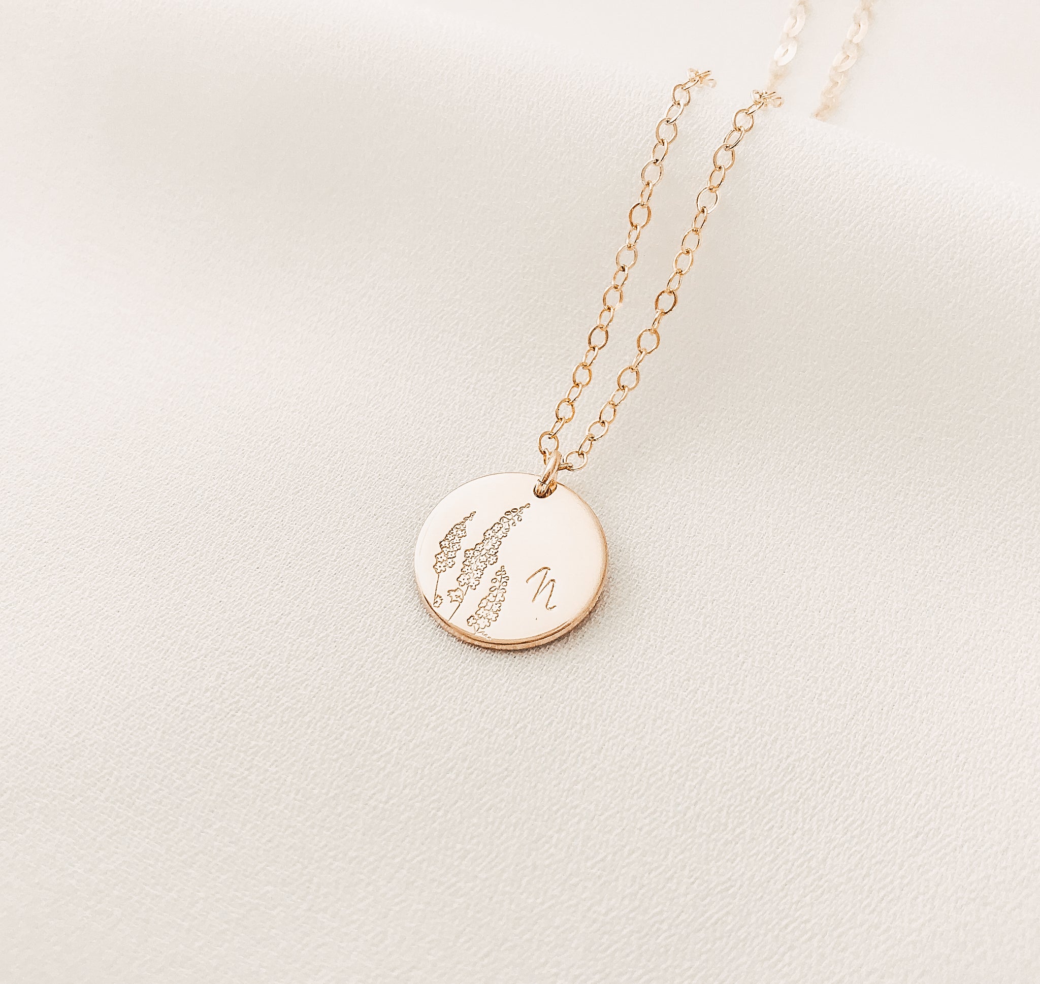 Personalised jewellery - KBN Jewellery - handmade jewellery – custom jewellery gifts – dainty necklace – medium pendant necklace – Larkspur Birth flower necklace – birthday necklace – July birthday gift – dainty jewellery – birth flower and initial necklace – everyday jewellery – Larkspur flower necklace – July necklace – lightness flower necklace