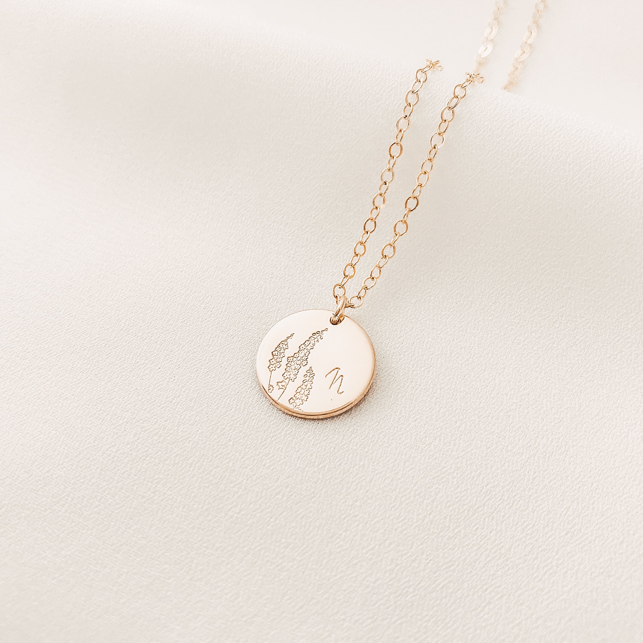 Personalised jewellery - KBN Jewellery - handmade jewellery – custom jewellery gifts – dainty necklace – medium pendant necklace – Larkspur  Birth flower necklace – birthday necklace – July  birthday gift – dainty jewellery – birth flower and initial necklace – everyday jewellery – Larkspur flower necklace – July necklace – lightness flower necklace