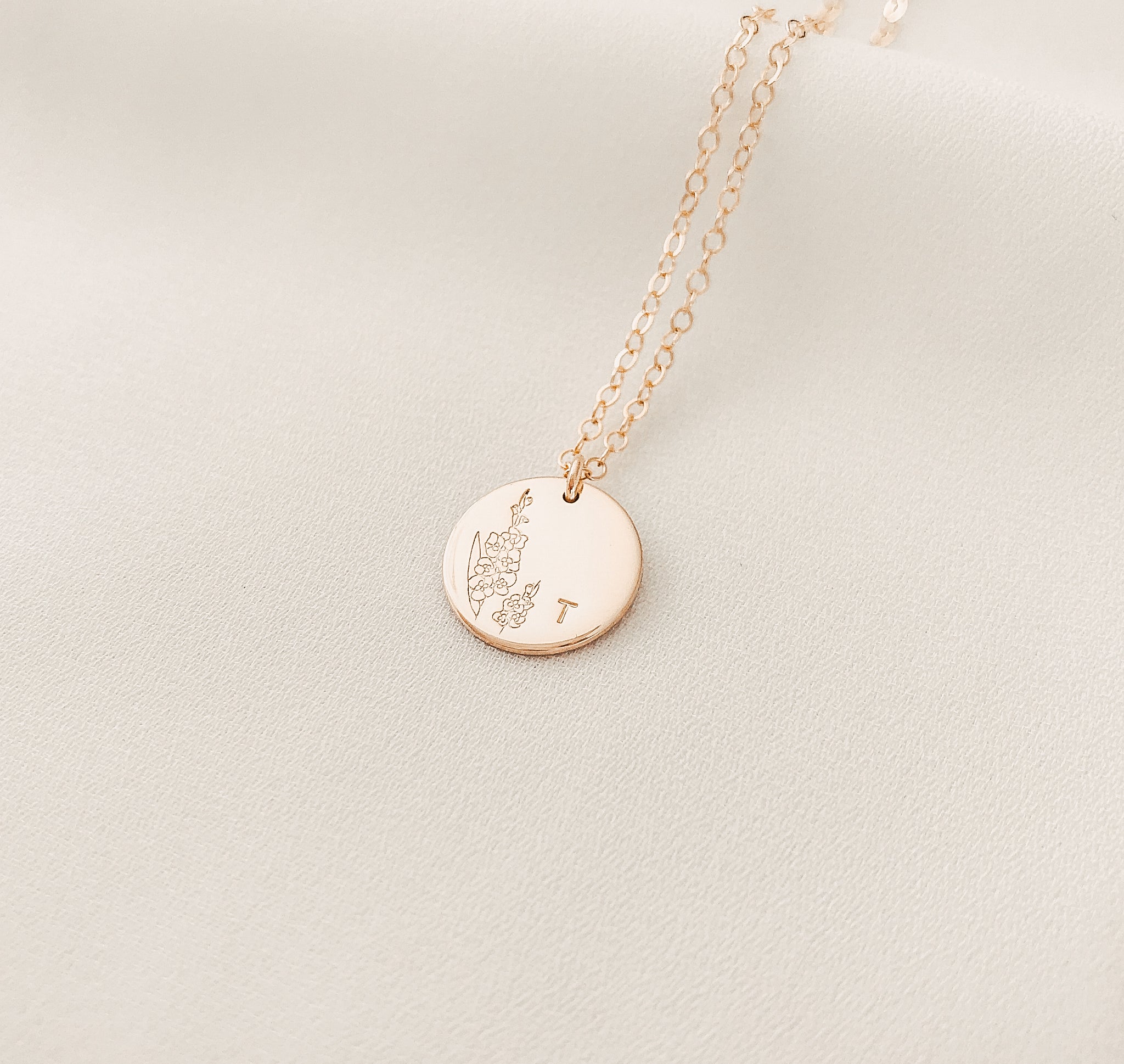 Personalised jewellery - KBN Jewellery - handmade jewellery – custom jewellery gifts – dainty necklace – medium pendant necklace – August Birth flower necklace – birthday necklace – August birthday gift – dainty jewellery – birth flower and initial necklace – everyday jewellery – Gladiolus flower necklace – Gladiolus necklace – strength flower necklace