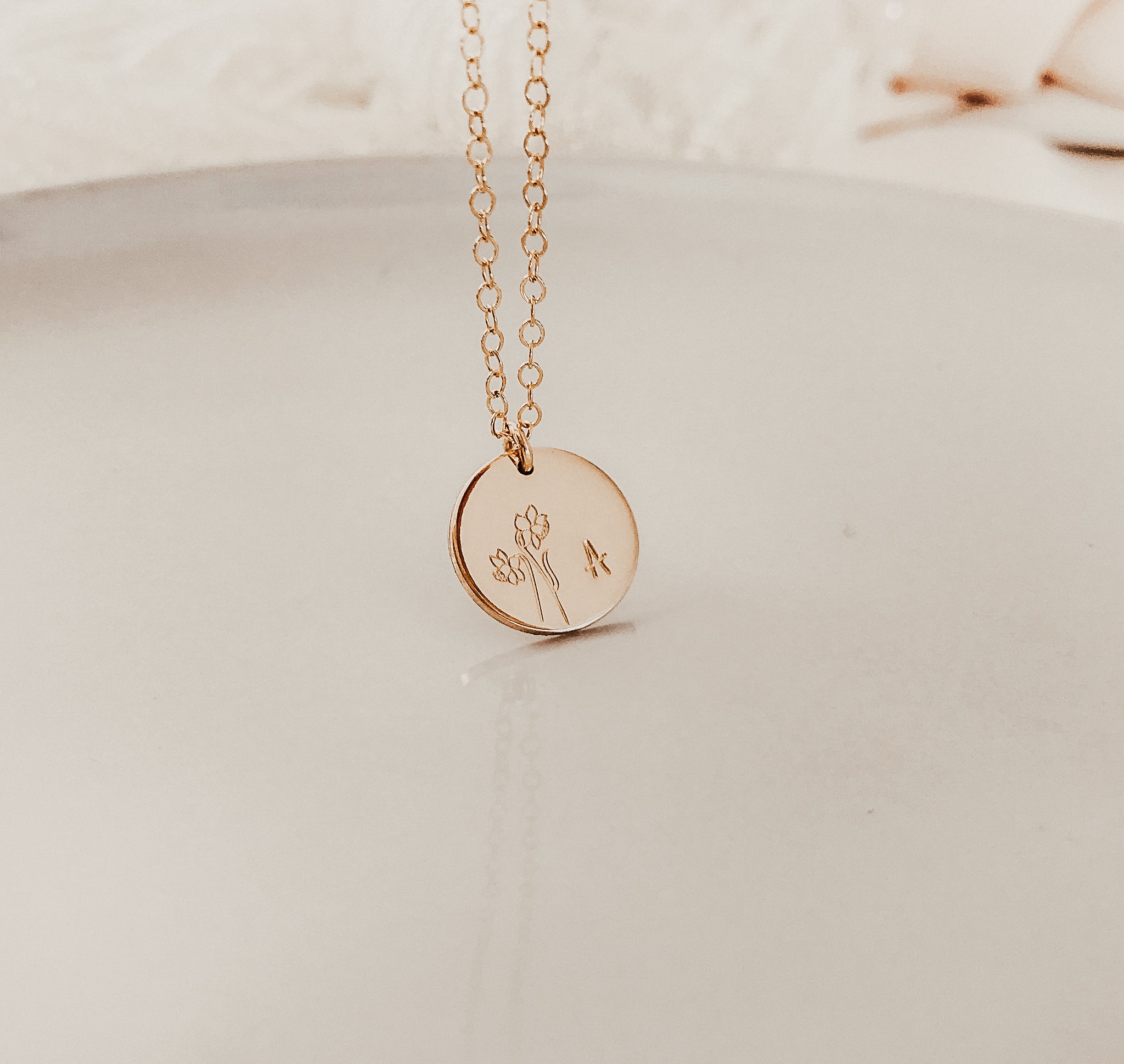 Personalised jewellery - KBN Jewellery - handmade jewellery – custom jewellery gifts – dainty necklace – medium pendant necklace – Daffodil Birth flower necklace – birthday necklace – March birthday gift – dainty jewellery – birth flower and initial necklace – everyday jewellery – Daffodil flower necklace – Daffodil necklace – Rebirth flower necklace