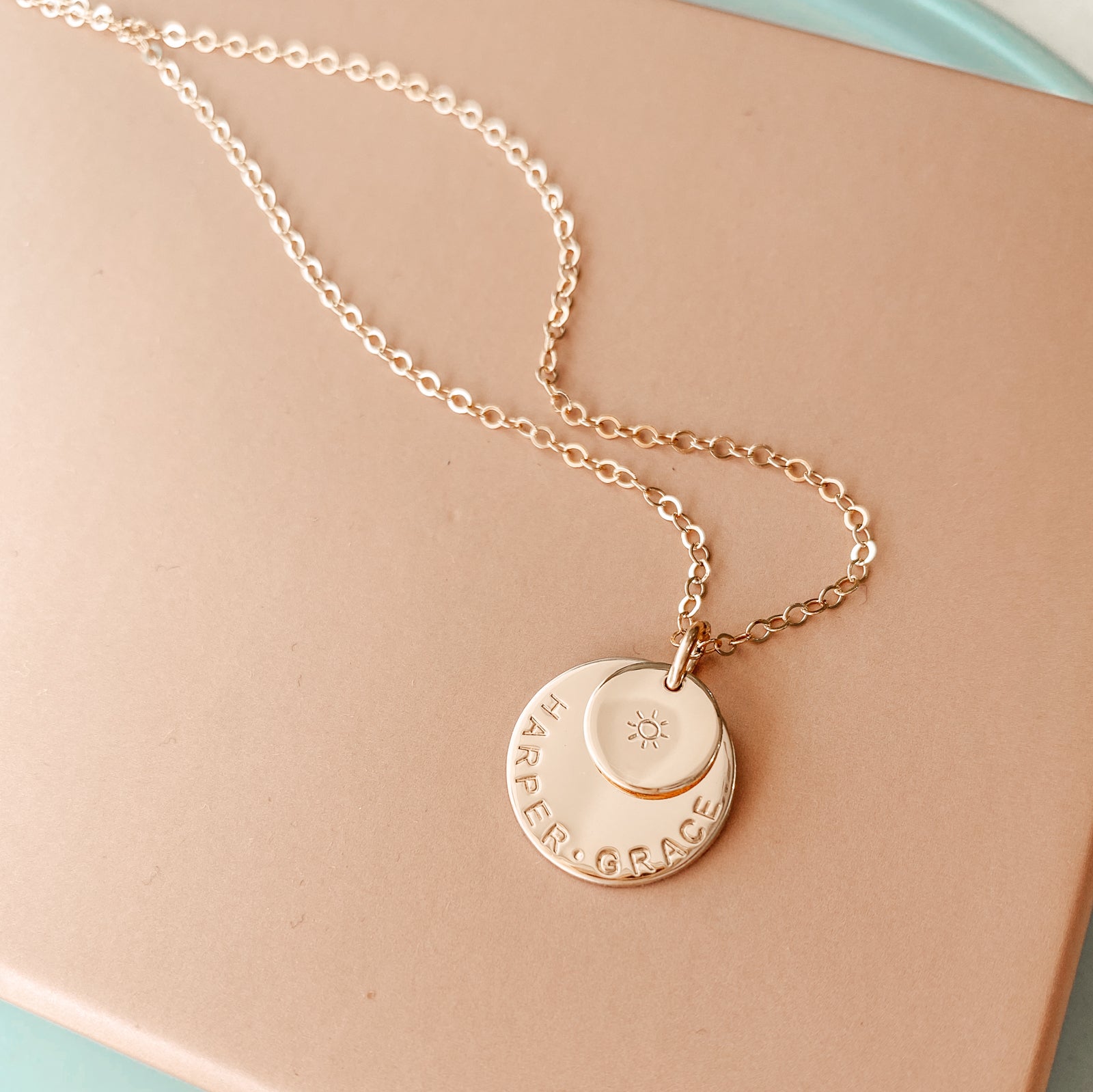 Personalised jewellery - KBN Jewellery - handmade jewellery – stacked pendant necklace – textured pendant – children’s name necklace – necklace for mum – birth flower symbol necklace – everyday necklace – perfect gift - Soren Necklace