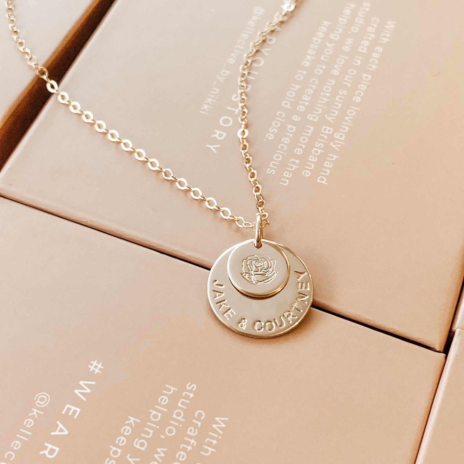 Personalised jewellery - KBN Jewellery - handmade jewellery – stacked pendant necklace – textured pendant – children’s name necklace – necklace for mum – birth flower symbol necklace – everyday necklace – perfect gift