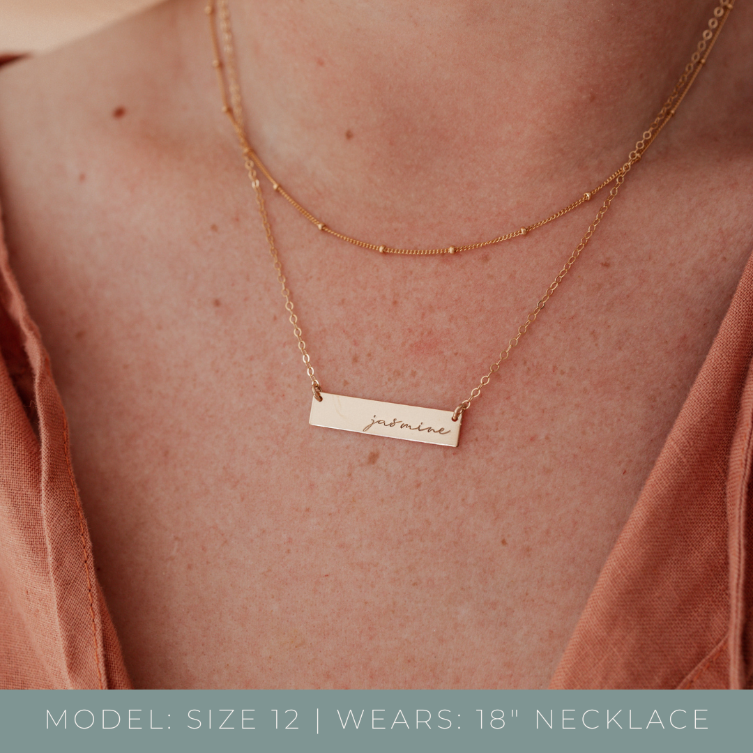 Personalised jewellery - KBN Jewellery - handmade jewellery – Personalised Jewellery gifts – Dainty jewellery- bar necklace – dainty bar necklace – personalised date necklace – roman numerals necklace – name bar necklace – words of affirmation necklace – short bar necklace – layering necklace – layering necklace inspiration – wedding gift idea – wedding gift idea for bride  - long pendant necklace – small bar necklace