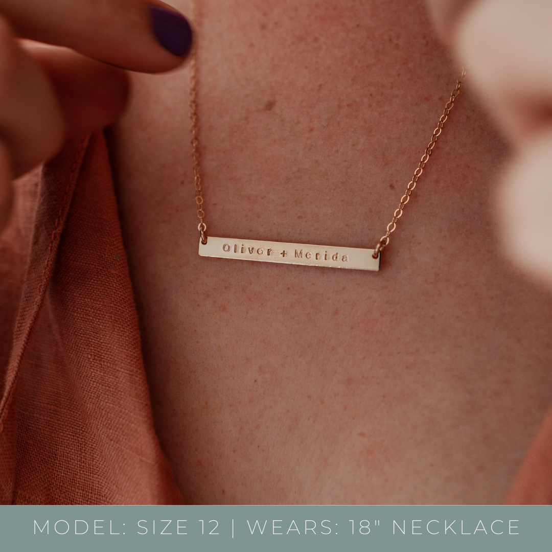 Personalised jewellery - KBN Jewellery - handmade jewellery – Personalised Jewellery gifts – Dainty jewellery- bar necklace – dainty bar necklace – personalised date necklace – roman numerals necklace – name bar necklace – words of affirmation necklace – long bar necklace – layering necklace – layering necklace inspiration – wedding gift idea – wedding gift idea for bride  - long pendant necklace – small bar necklace