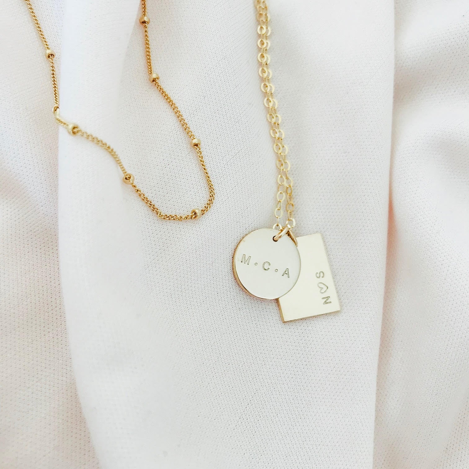 Personalised jewellery – handmade jewellery – KBN jewellery – Australian made jewellery – initial necklace – rectangle and circle pendant – two pendant necklace – initial necklace – children’s name necklace – personalised words necklace – unique necklace