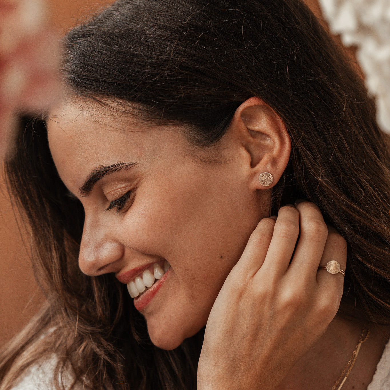 Personalised jewellery - KBN Jewellery - handmade jewellery – Personalised Jewellery gifts – Dainty jewellery- Dainty earrings – personalised stud earrings  – flower stamped earrings  – family flowers – kids birth flowers – birth flower necklace – personalised flower stamped earrings – handmade earring studs – Australian made 