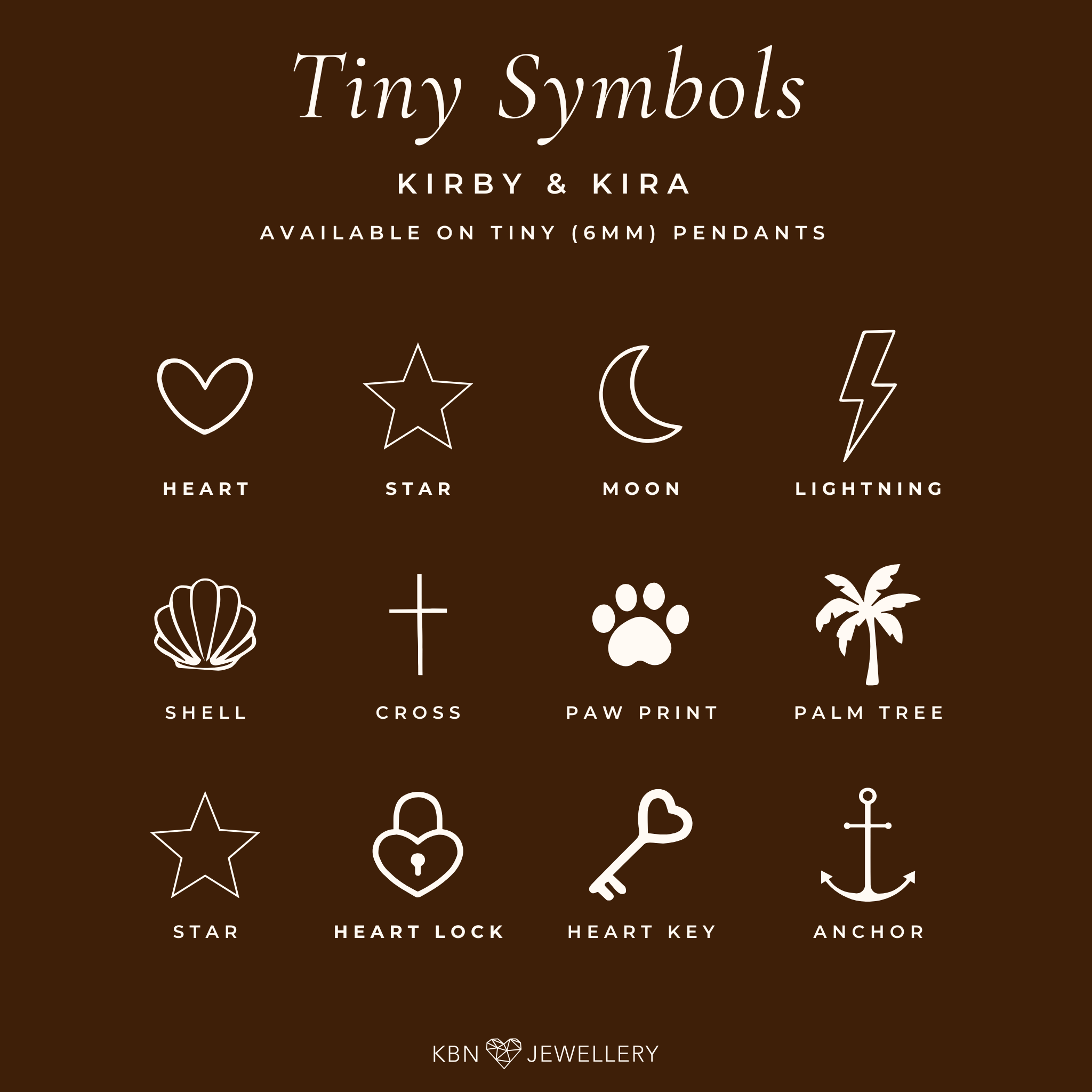 KBN Jewellery symbol and charm options chart