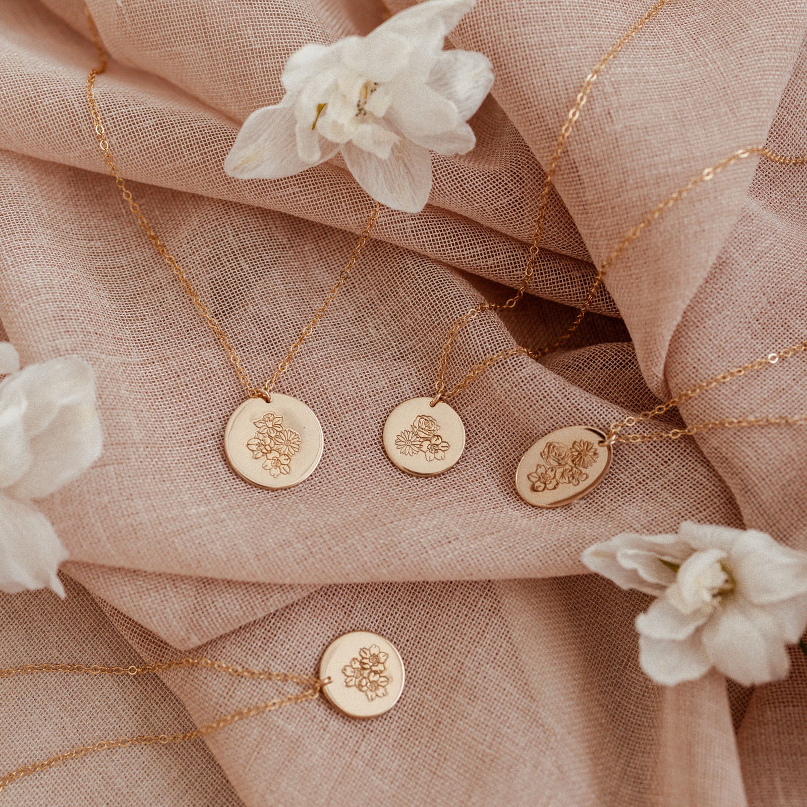 Personalised jewellery - KBN Jewellery - handmade jewellery – Personalised Jewellery gifts – Dainty jewellery- Dainty necklace – flower stamped necklace – family flowers – kids birth flowers – birth flower necklace – personalised flower stamped necklace – large pendant – birth month flowers – Australian made jewellery – small Australian business 