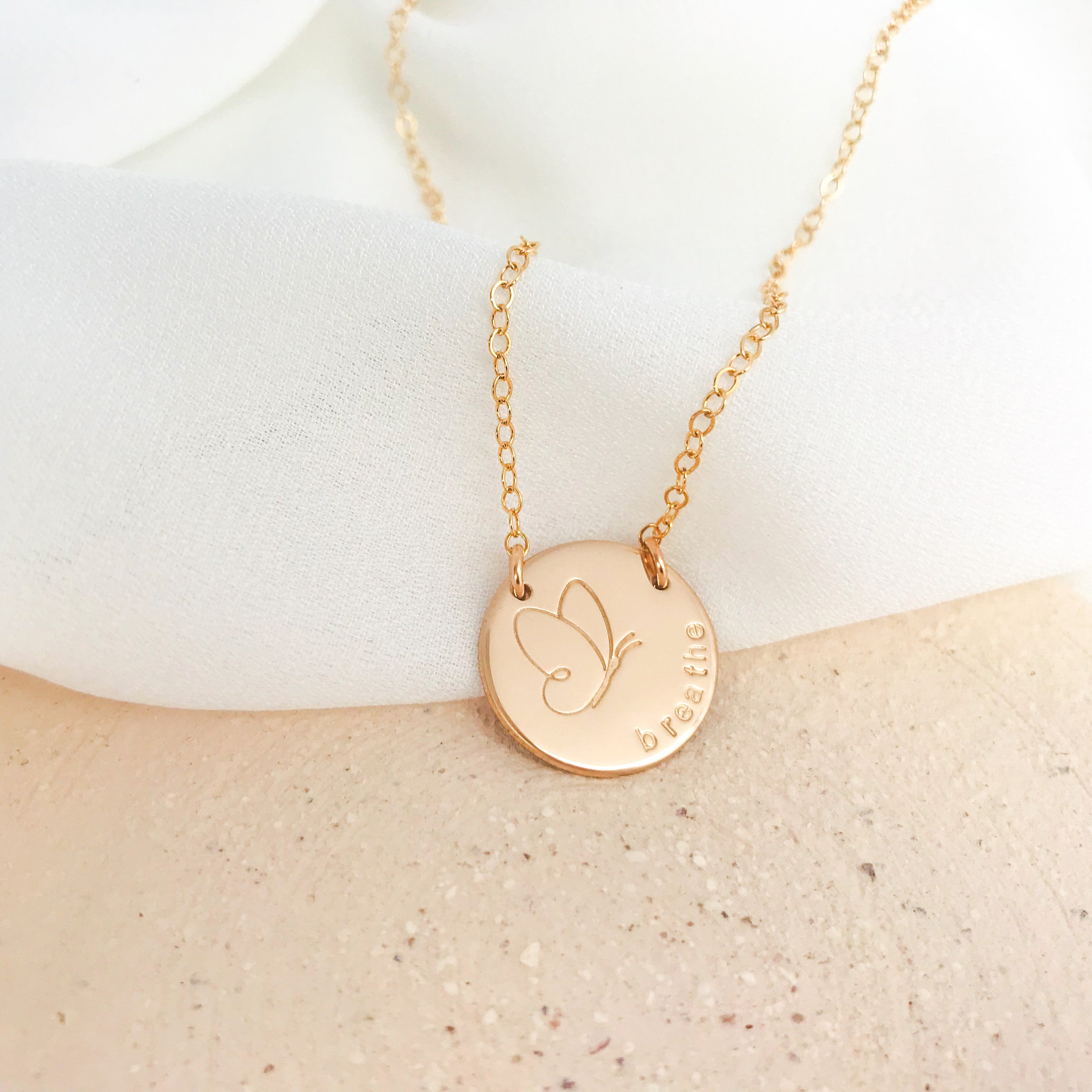 butterfly stamp necklace curved text  initials name goldfill sterling silver rose goldfill large fixed pendant