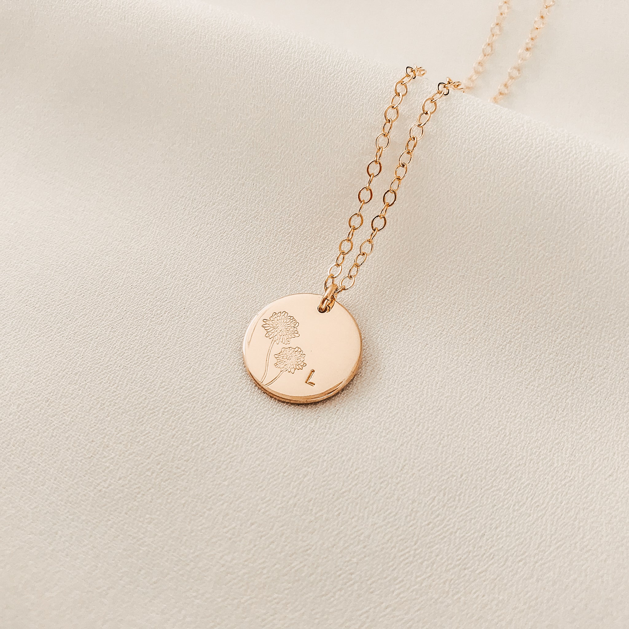 Personalised jewellery - KBN Jewellery - handmade jewellery – custom jewellery gifts – dainty necklace – medium pendant necklace – November  Birth flower necklace – birthday necklace – Chrysanthemum birthday gift – dainty jewellery – birth flower and initial necklace – everyday jewellery – Chrysanthemum flower necklace – November necklace – Loyalty flower necklace 