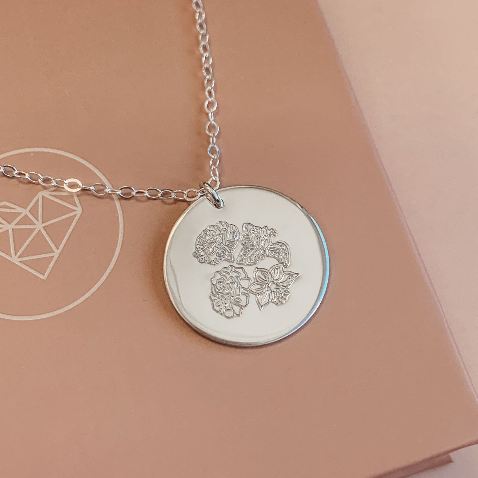 Personalised jewellery - KBN Jewellery - handmade jewellery – Personalised Jewellery gifts – Dainty jewellery- Dainty necklace – flower stamped necklace – family flowers – kids birth flowers – birth flower necklace – personalised flower stamped necklace – large pendant – birth month flowers – Australian made jewellery – small Australian business 