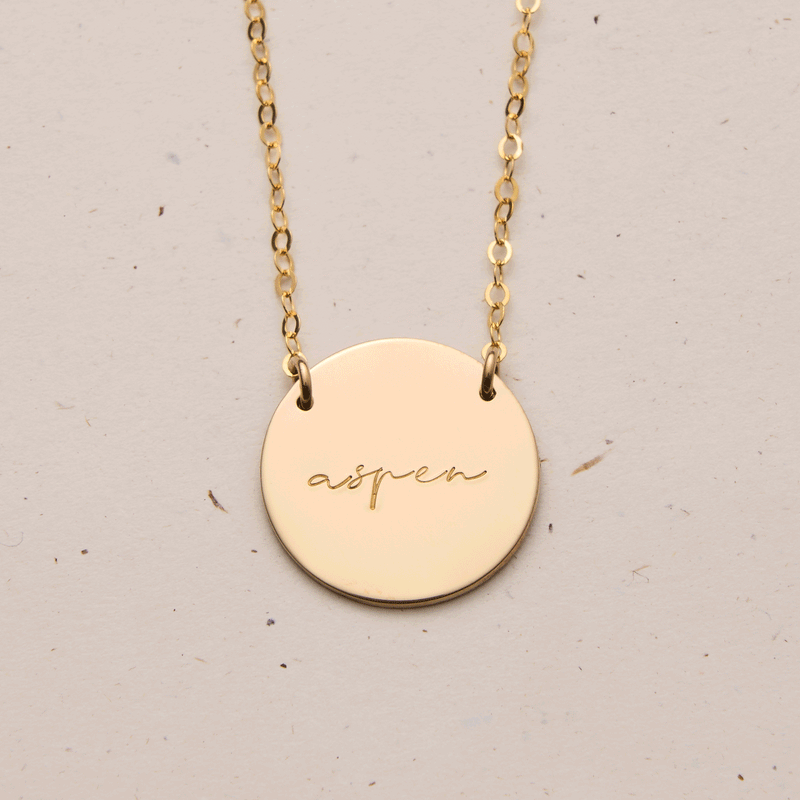 extra large pendant curved centred text tiny neat sweet script font goldfill sterling silver rose goldfill dainty delicate meaningfull dates children names roman numerals fixed chain