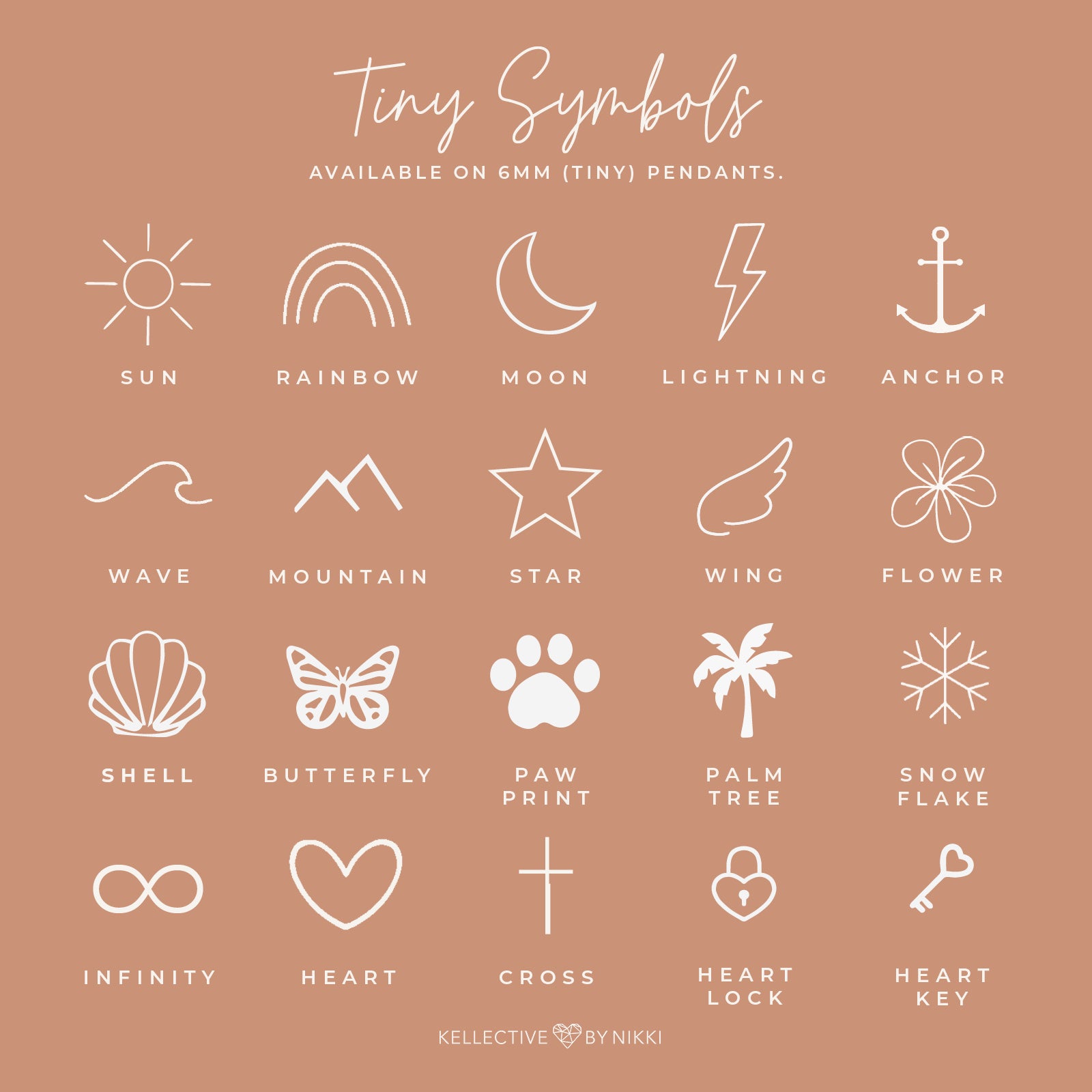 Personalised jewellery - KBN Jewellery - handmade jewellery – tiny symbols – flower necklace – wing necklace – heart necklace – sun necklace – rainbow necklace – star necklace – paw print necklace – dog necklace – butterfly necklace – wave necklace – shell necklace 