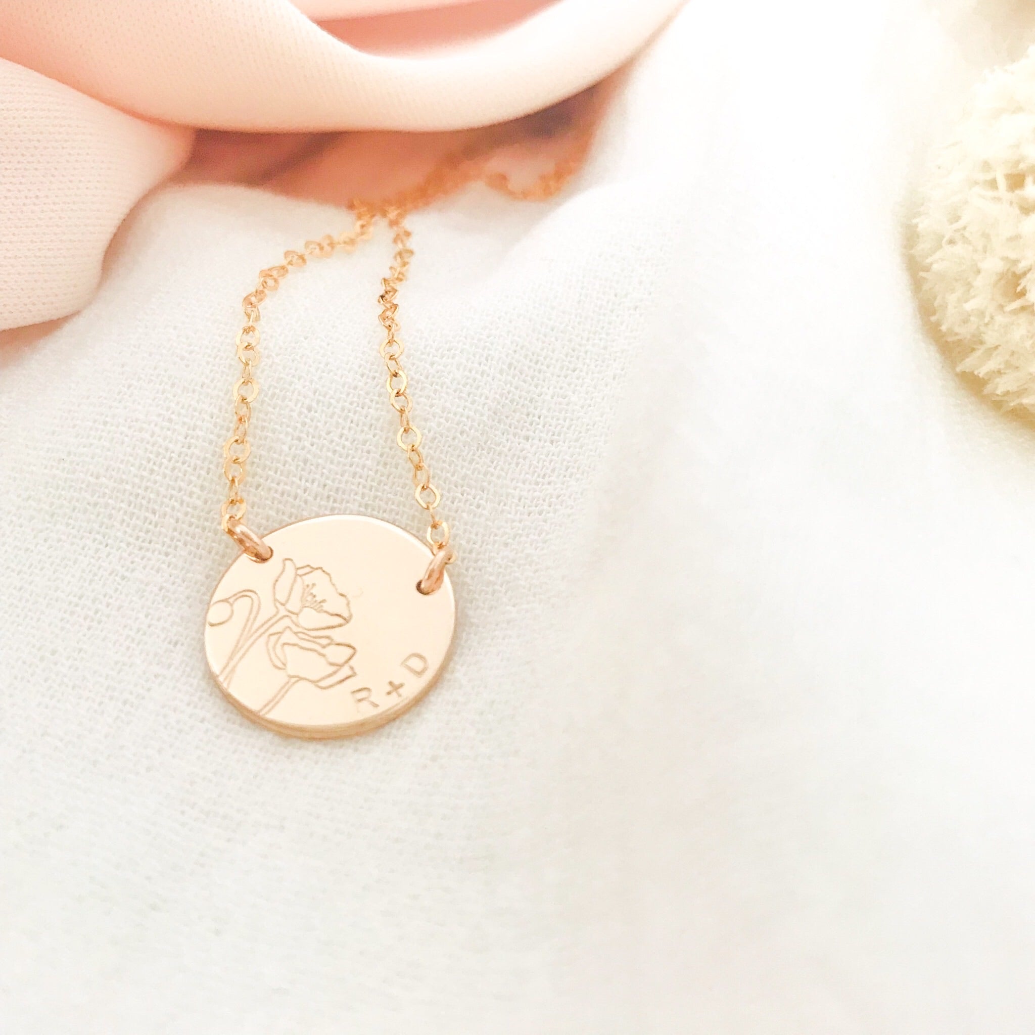 fiori poppy necklace flower stamp curved text  initials name goldfill sterling silver rose goldfill large fixed pendant